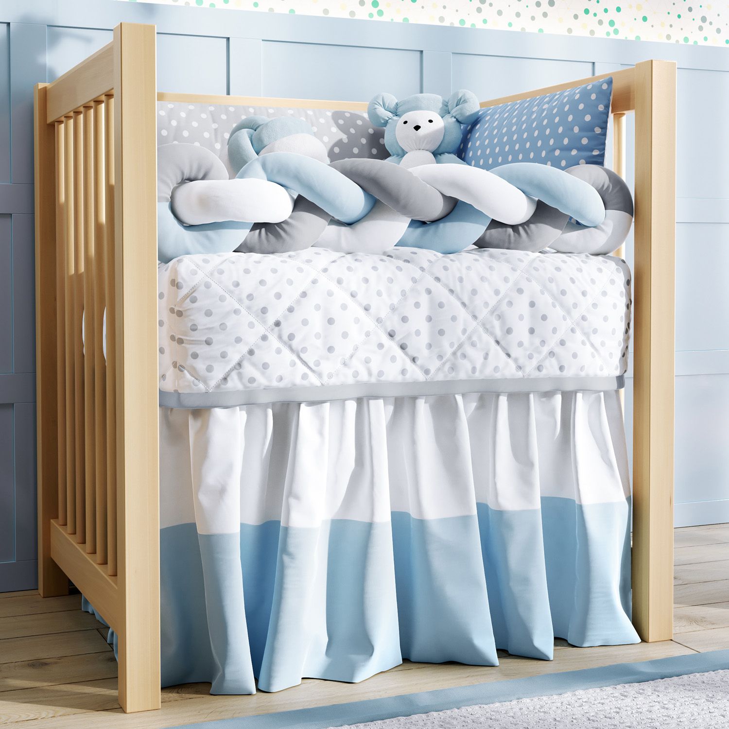 Kit Mini Berço Trança Poá Cinza e Rosa