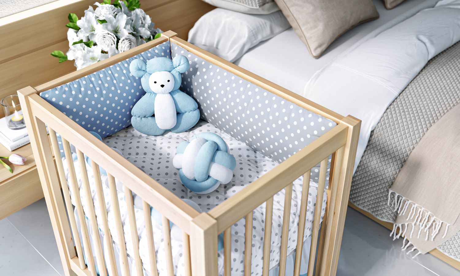 Kit Mini Berço Trança Poá Cinza e Rosa