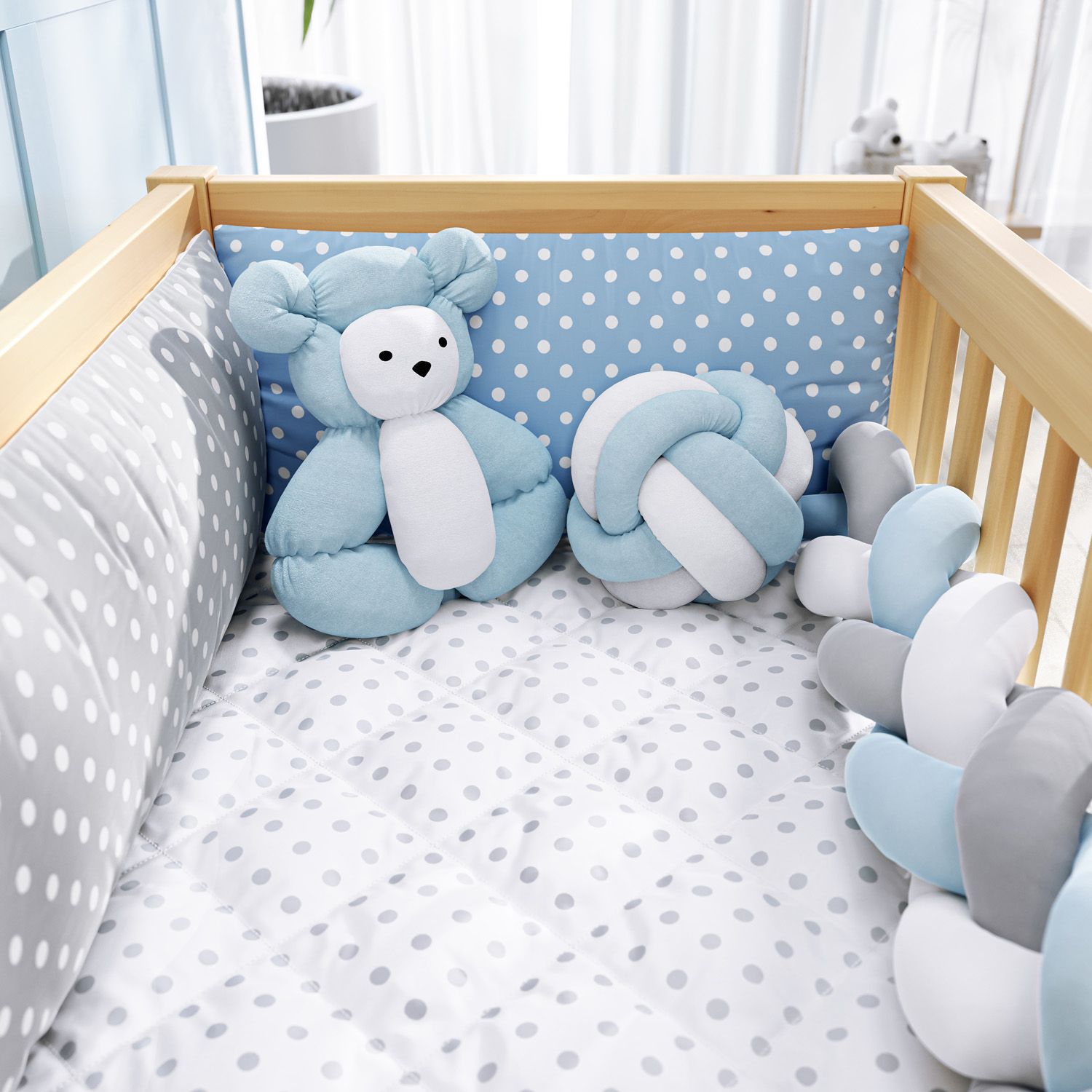 Kit Mini Berço Trança Poá Cinza e Rosa