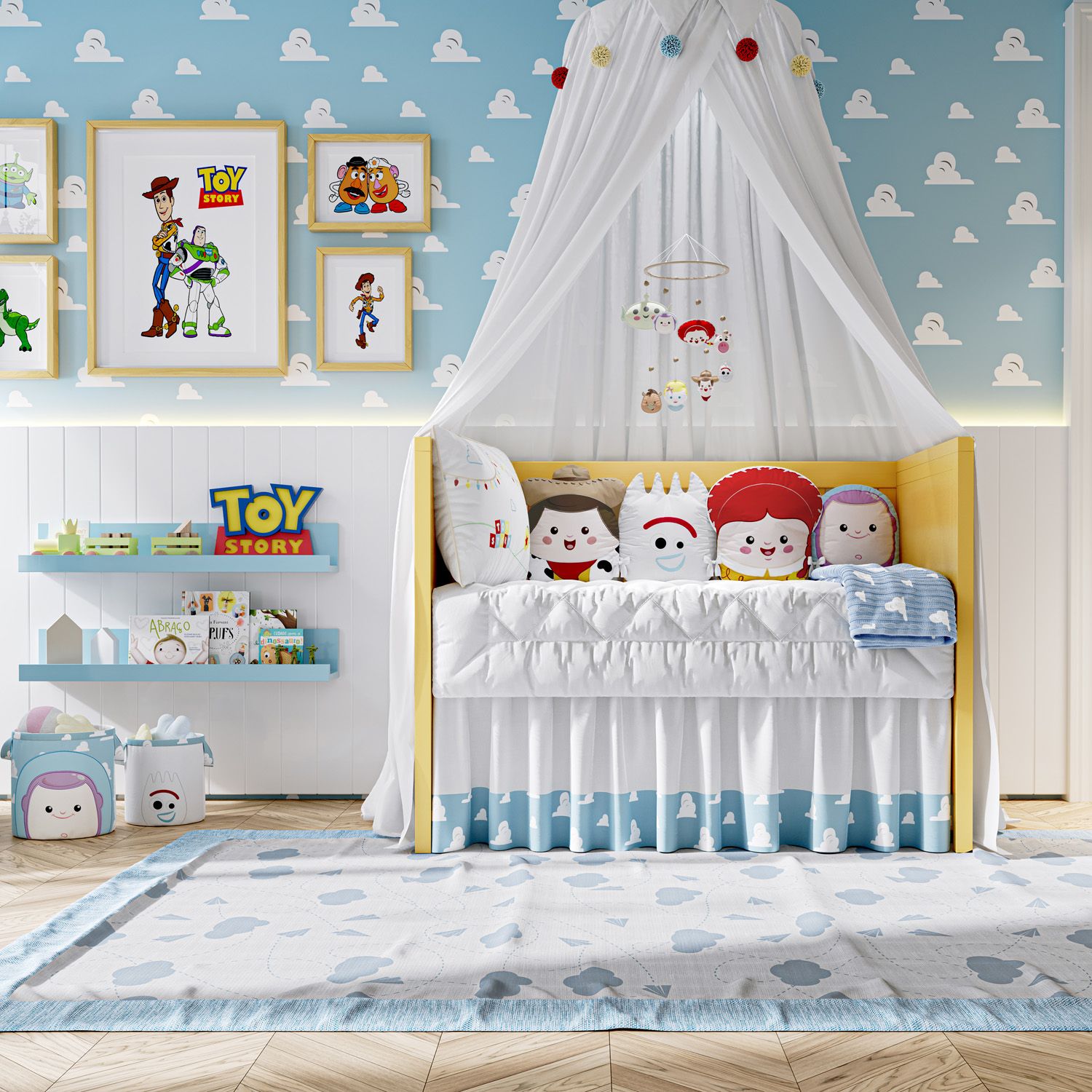 Kit Berço Amiguinhos Toy Story Garfinho, Woody, Buzz Lightyear e Jessie