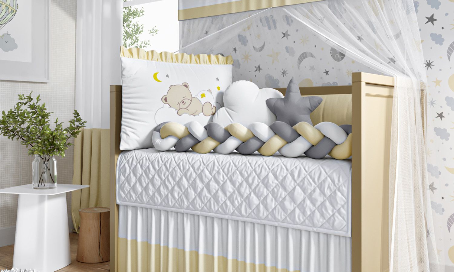 Kit Berço Trança Urso Sonequinha Amarelo e Cinza