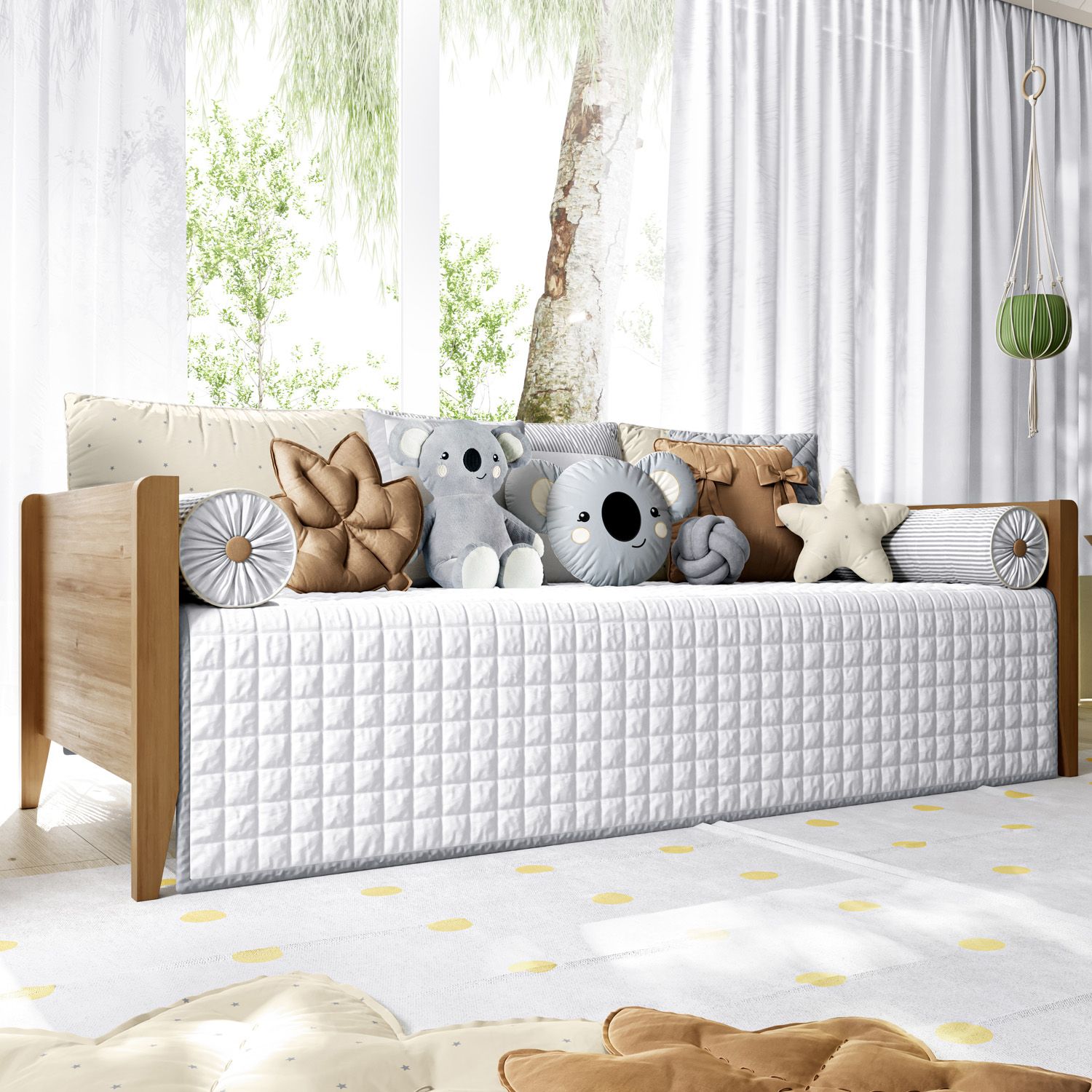 Kit Cama Babá Estrelinhas e Listras Cinza e Bege