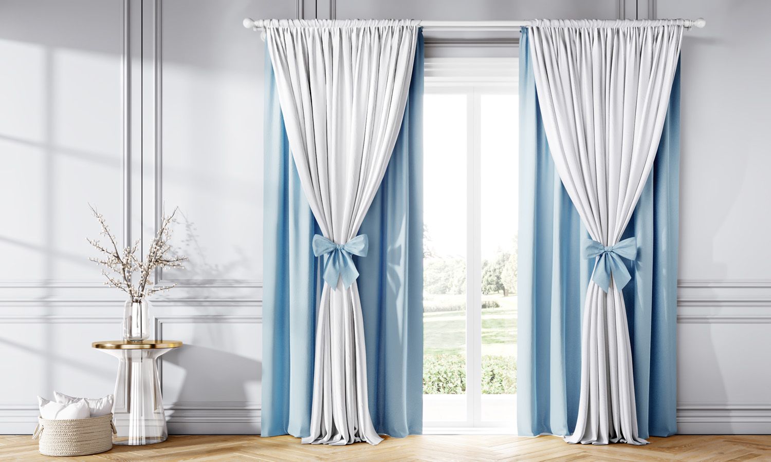 Cortina Clássica com Laços Rosa e Branco