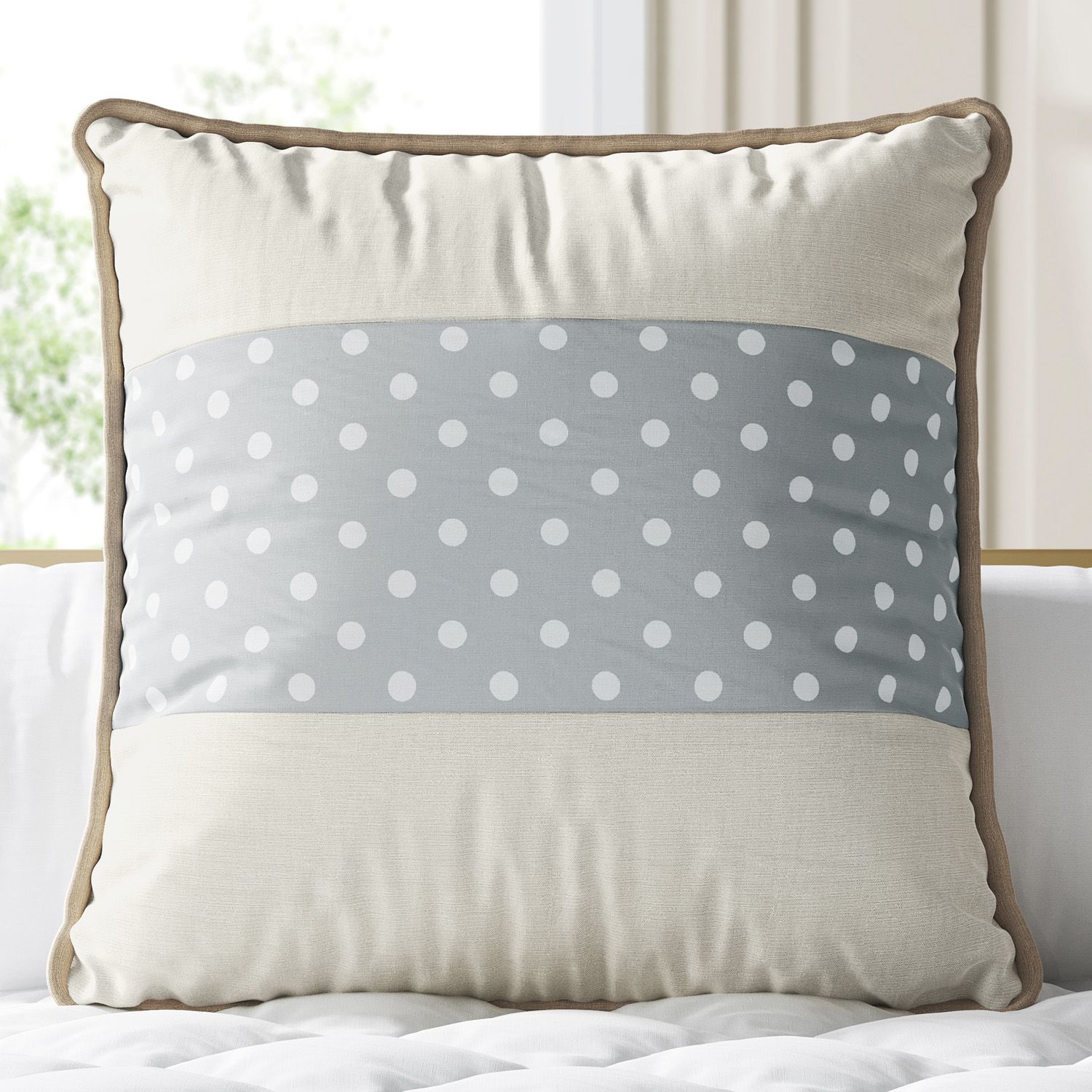 Almofada Quadrada Faixa Poá Cinza e Rosa 38cm