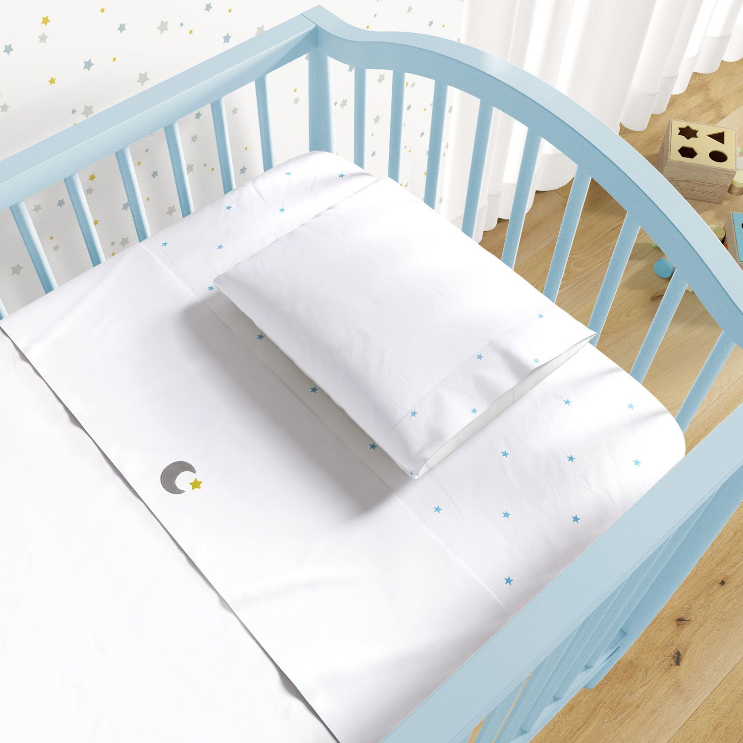 Jogo de Lençol Berço Bordado Céu de Estrelas Cinza 3 peças