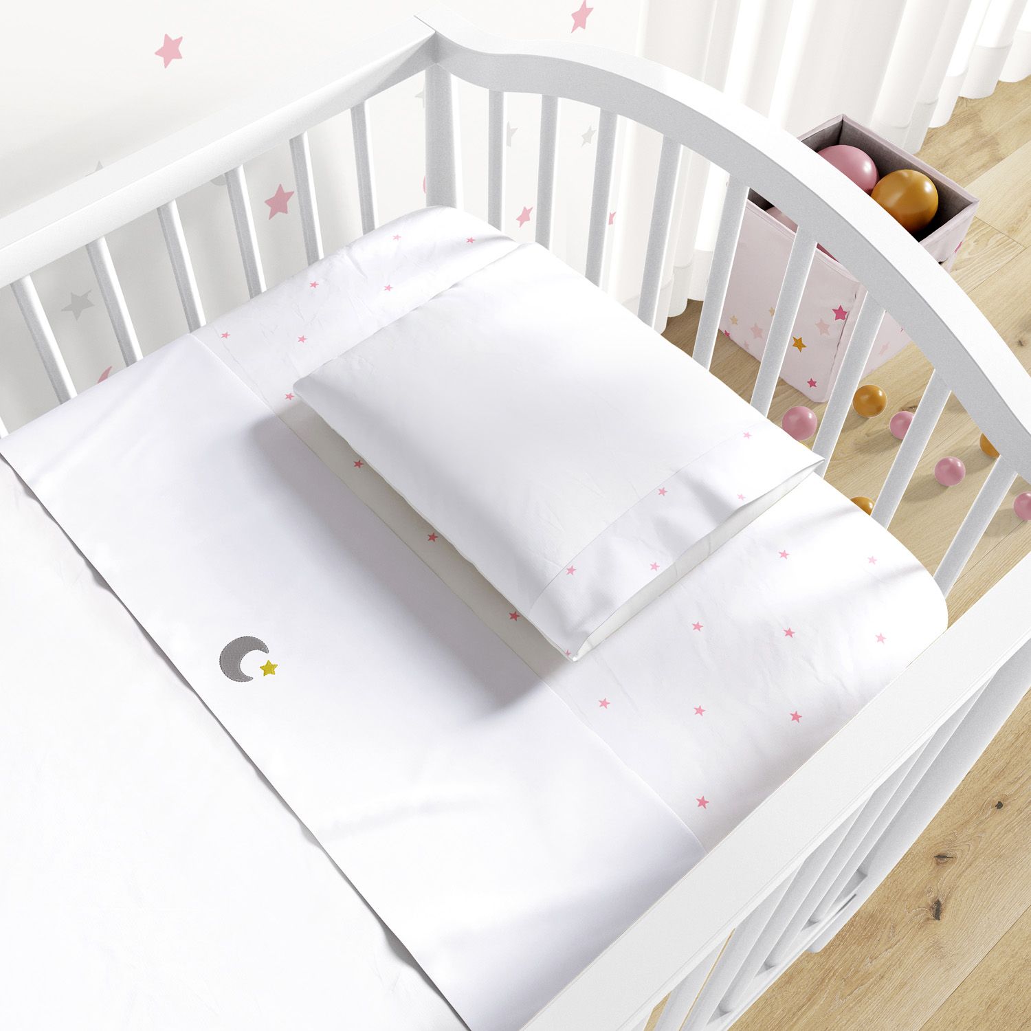 Jogo de Lençol Berço Bordado Céu de Estrelas Cinza 3 peças