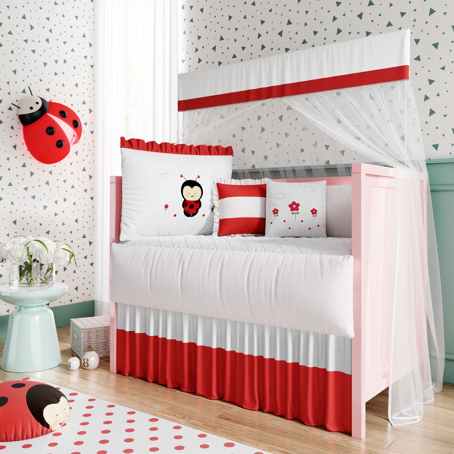 Kit Berço Joaninha Vermelho e Branco