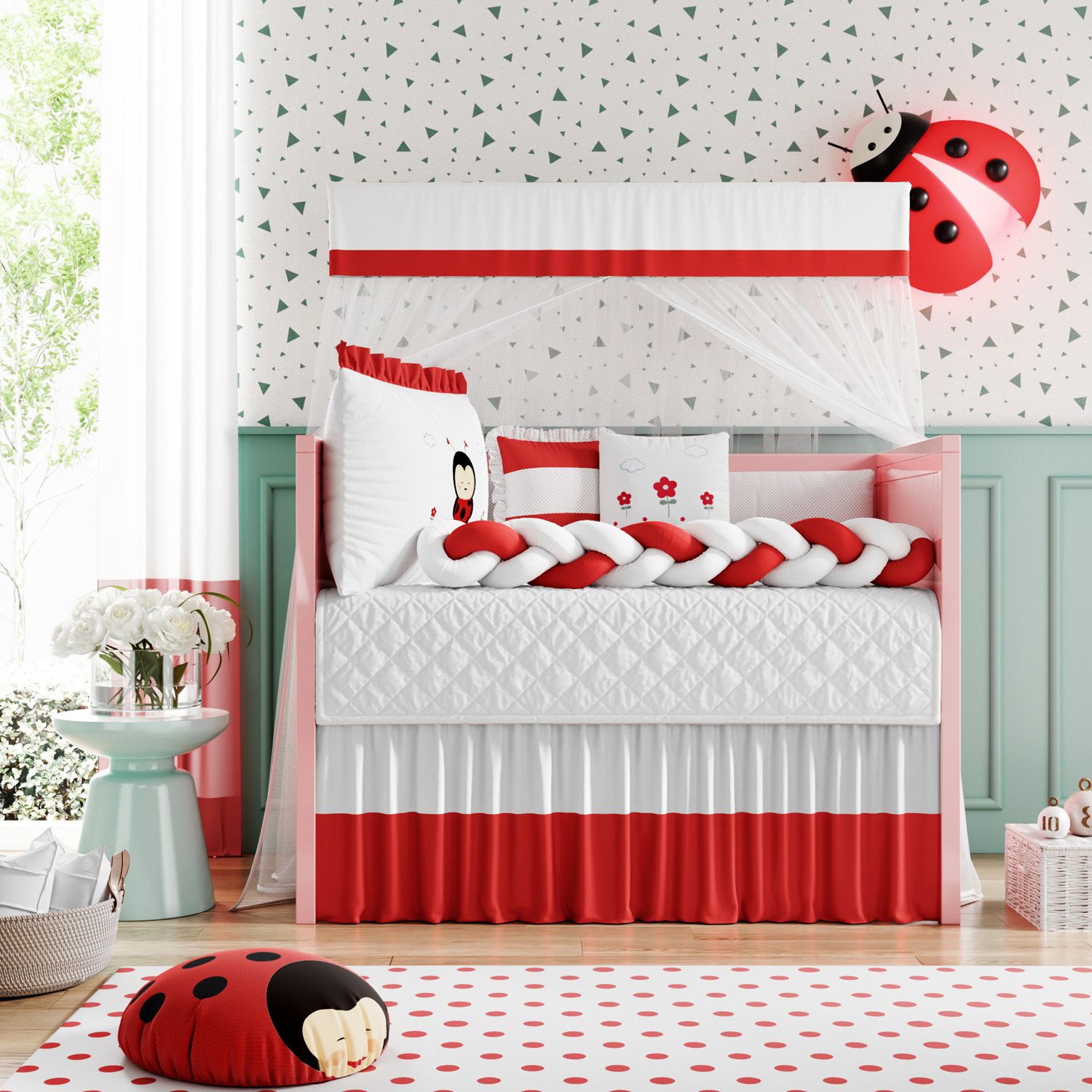 Kit Berço Trança Joaninha Vermelho e Branco