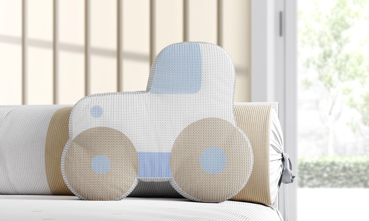 Almofada Tricot Carrinho Azul e Bege 31cm