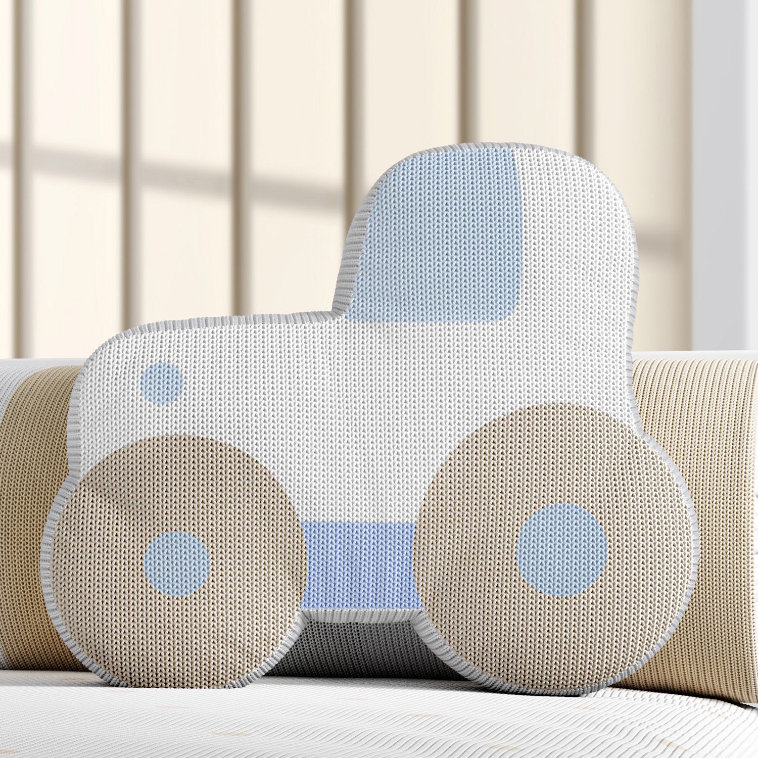 Almofada Tricot Carrinho Azul e Bege 31cm