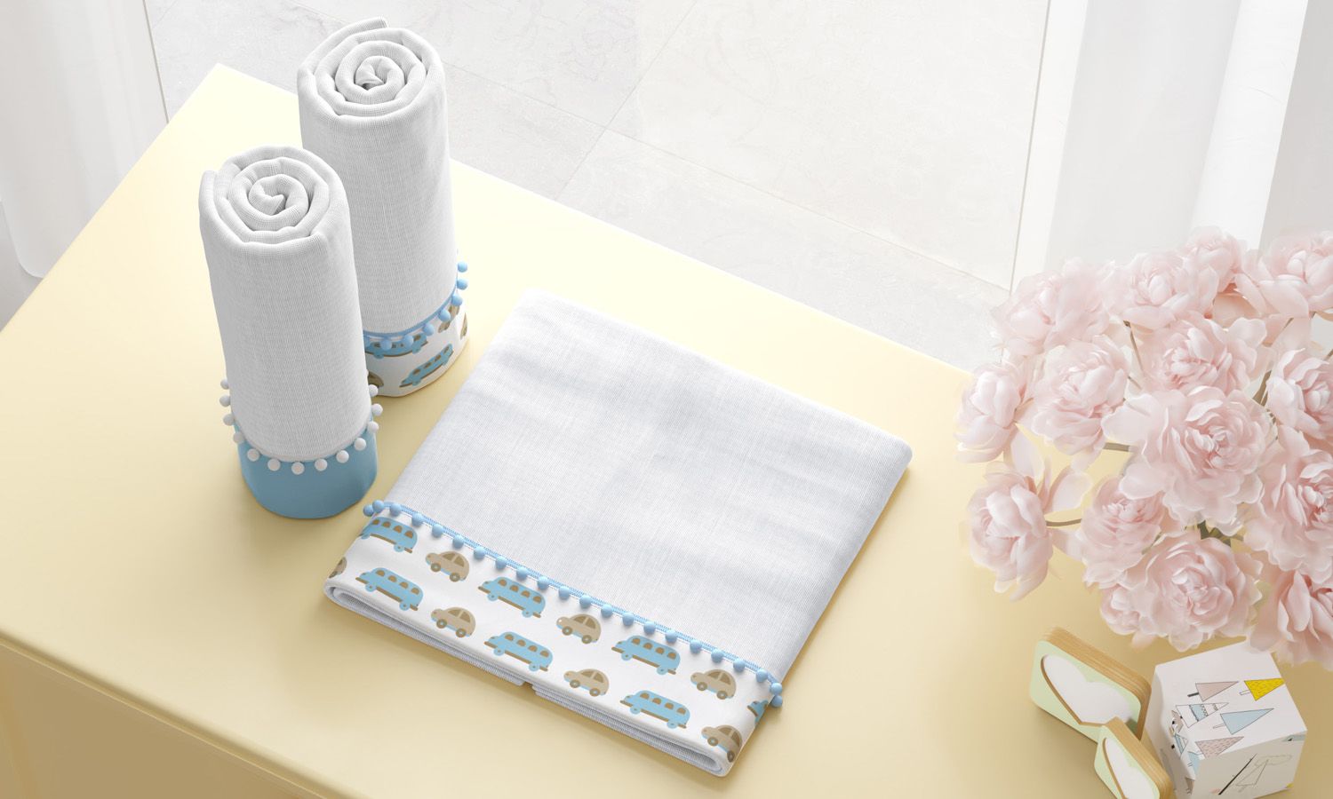 Jogo de Fraldas de Ombro Barra Carrinhos Azul com Pompom