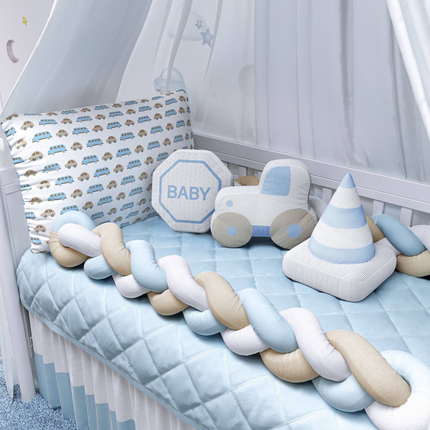 Kit Berço Trança Carrinhos Azul e Bege