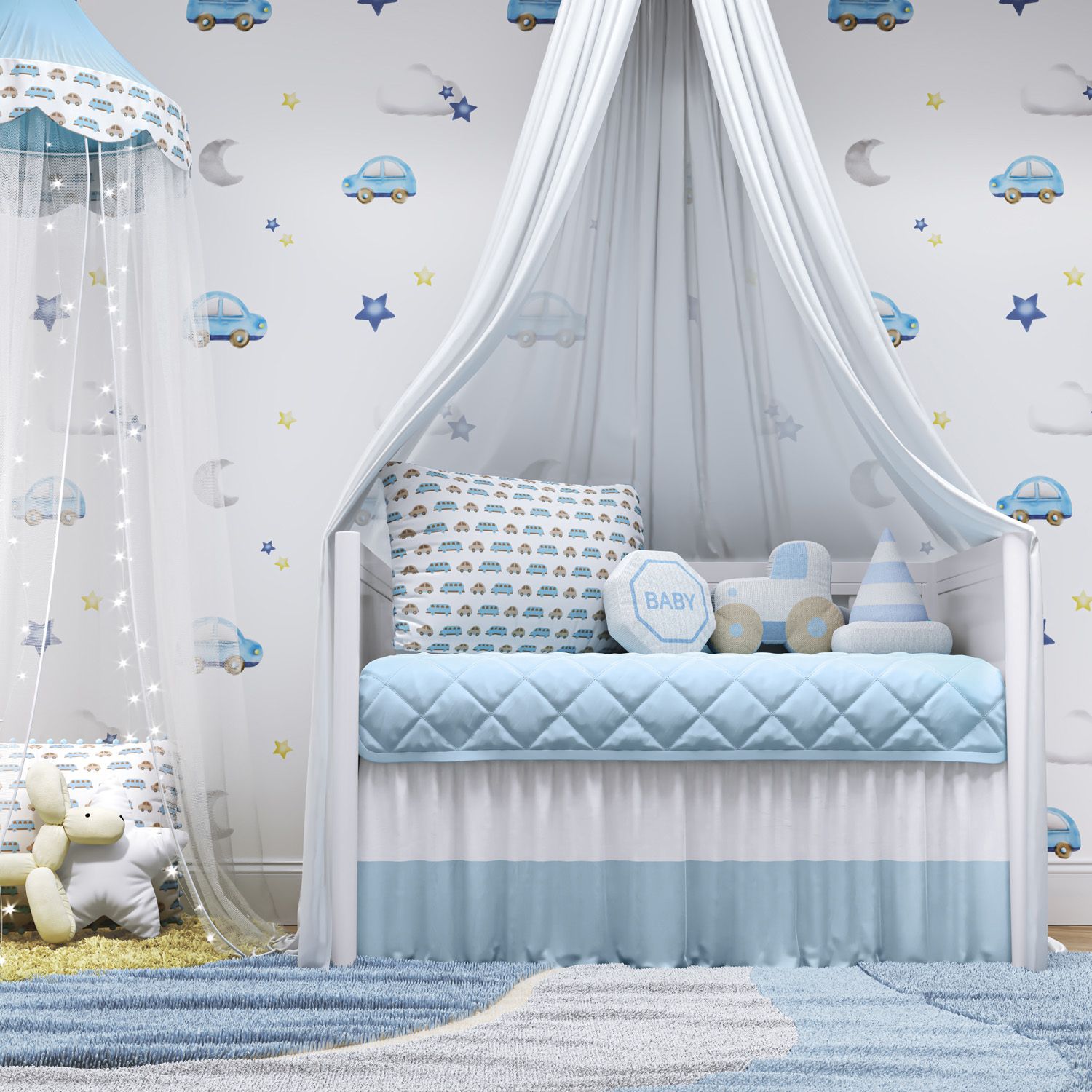 Kit Berço Trança Carrinhos Azul e Bege