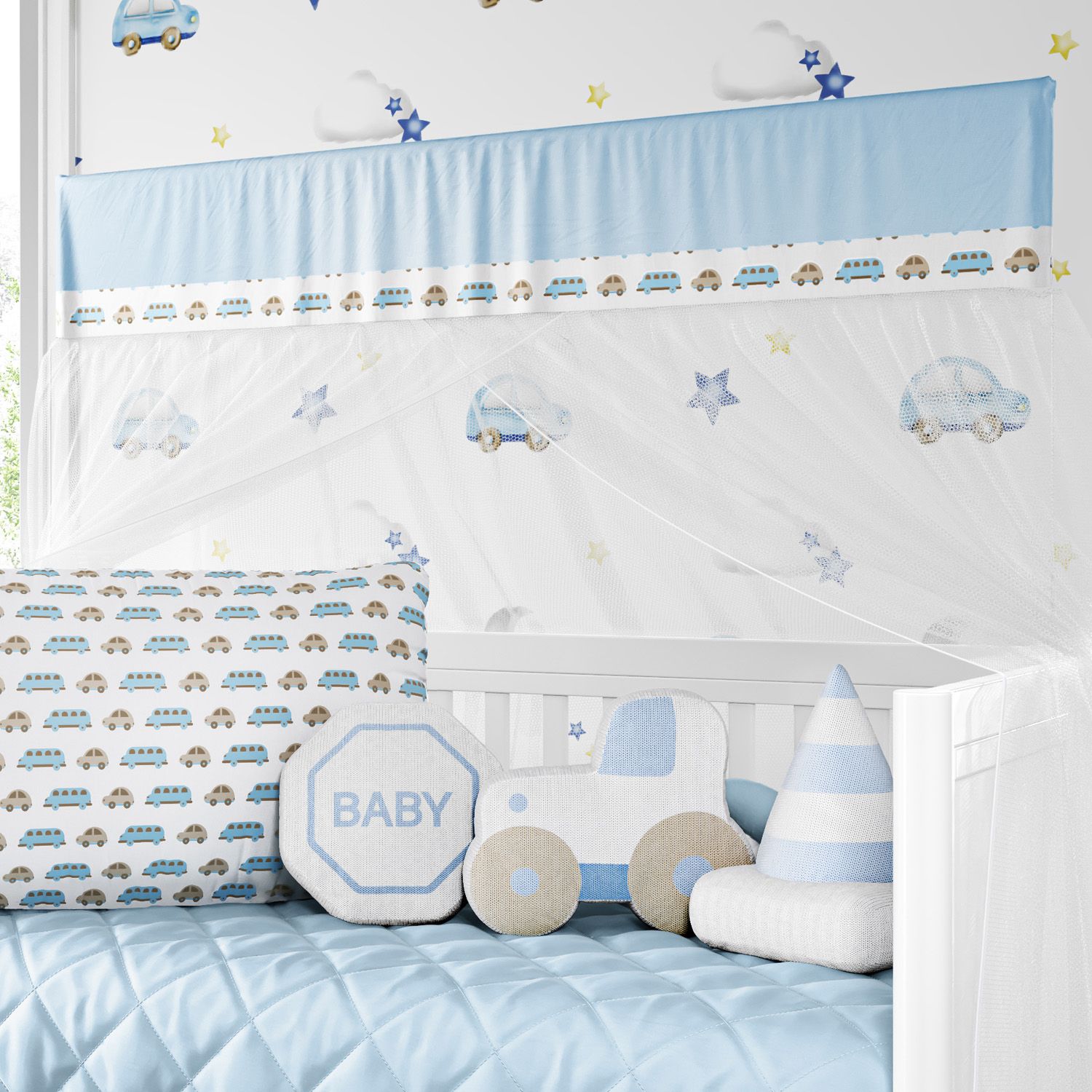 Kit Berço Trança Carrinhos Azul e Bege