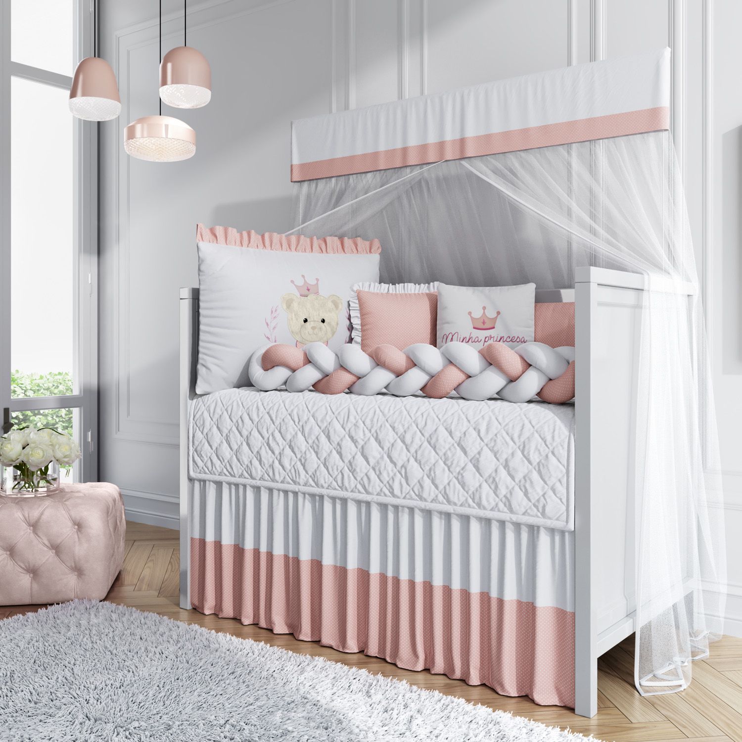 Kit Berço Trança Princesa Ursinha Rosé