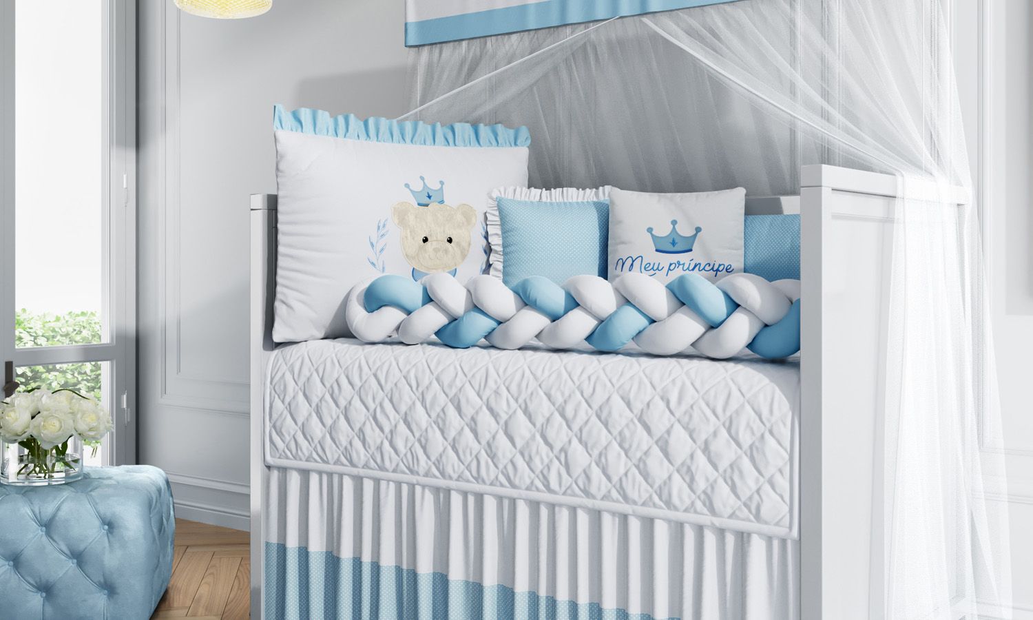 Kit Berço Trança Príncipe Ursinho Azul