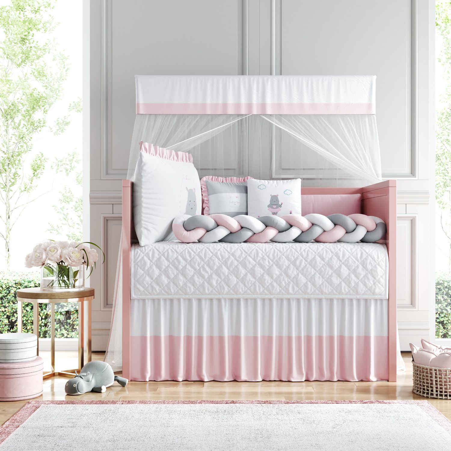 Kit Berço Trança Hipopótamo Rosa