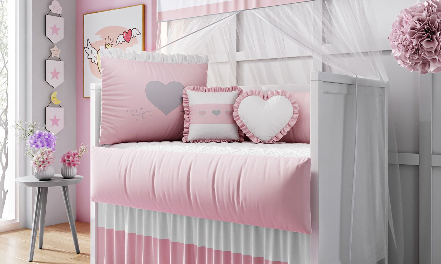 Kit Berço Coração Rosa