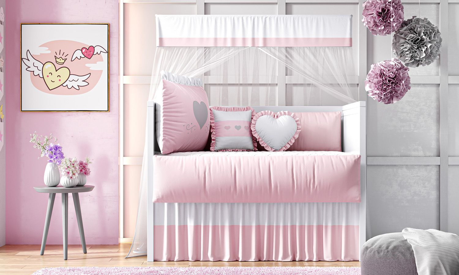 Kit Berço Coração Rosa