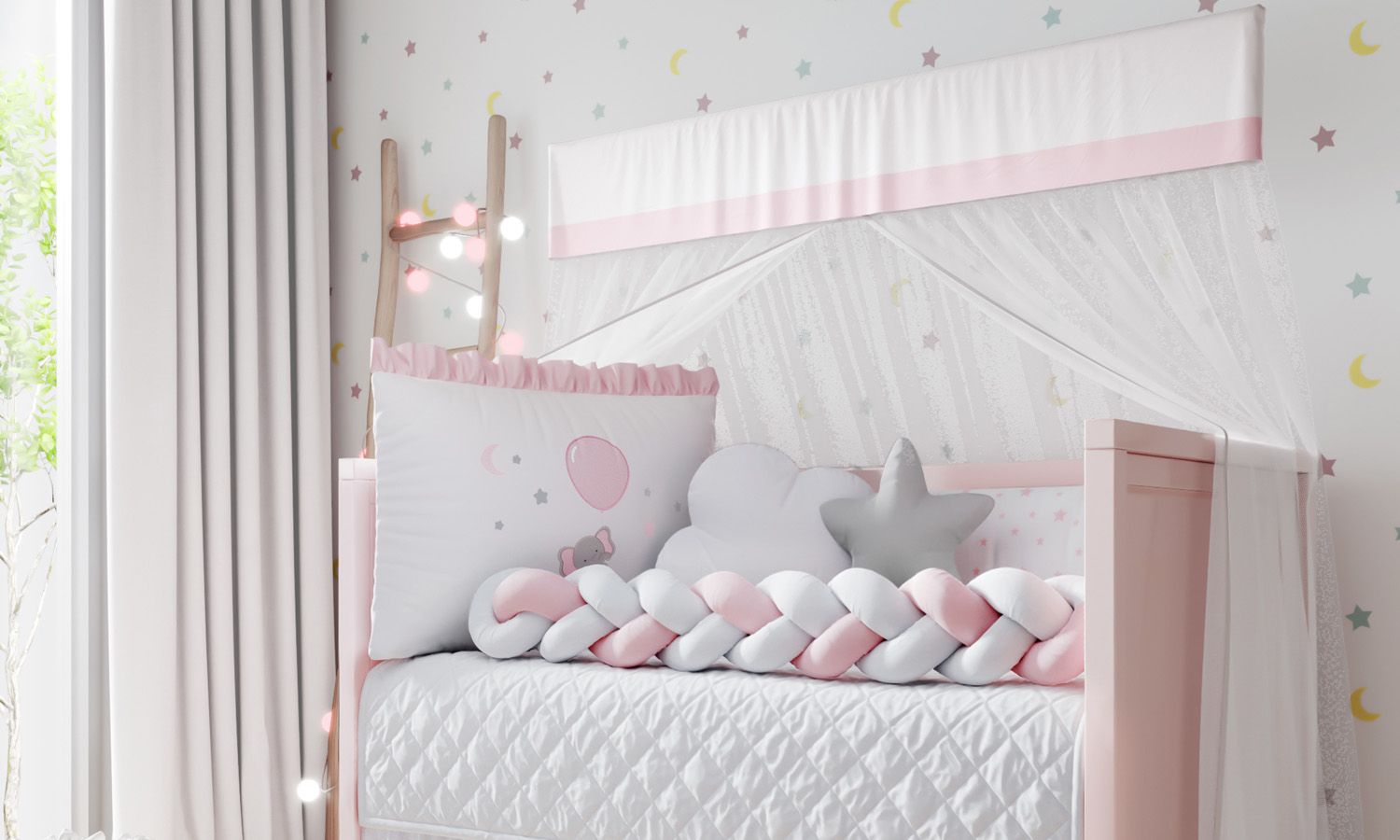 Kit Berço Trança Sonhe Alto Elefantinha Rosa