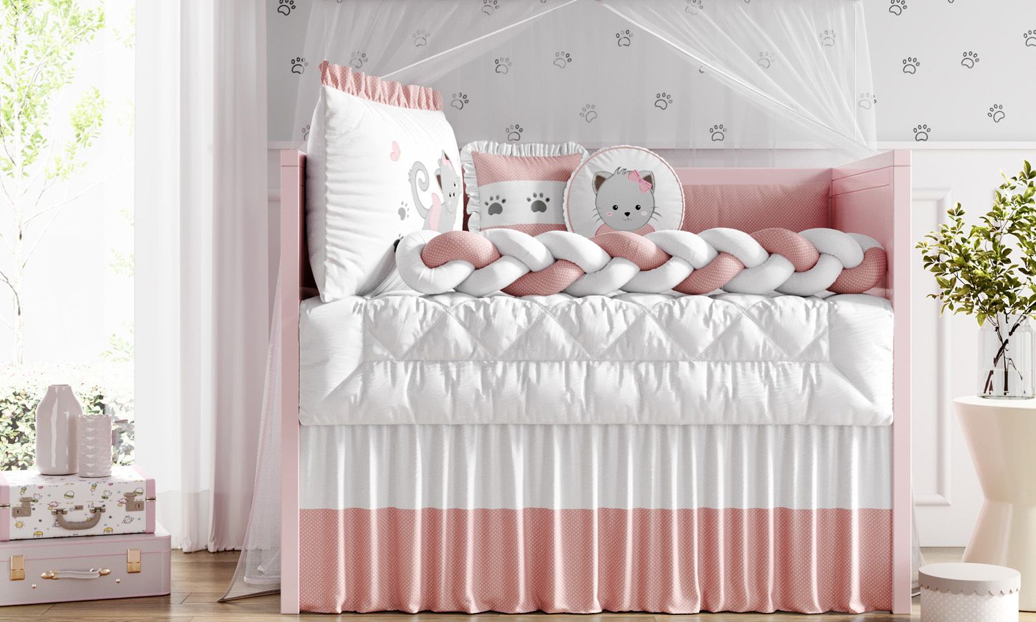 Kit Berço Trança Gatinha Rosa