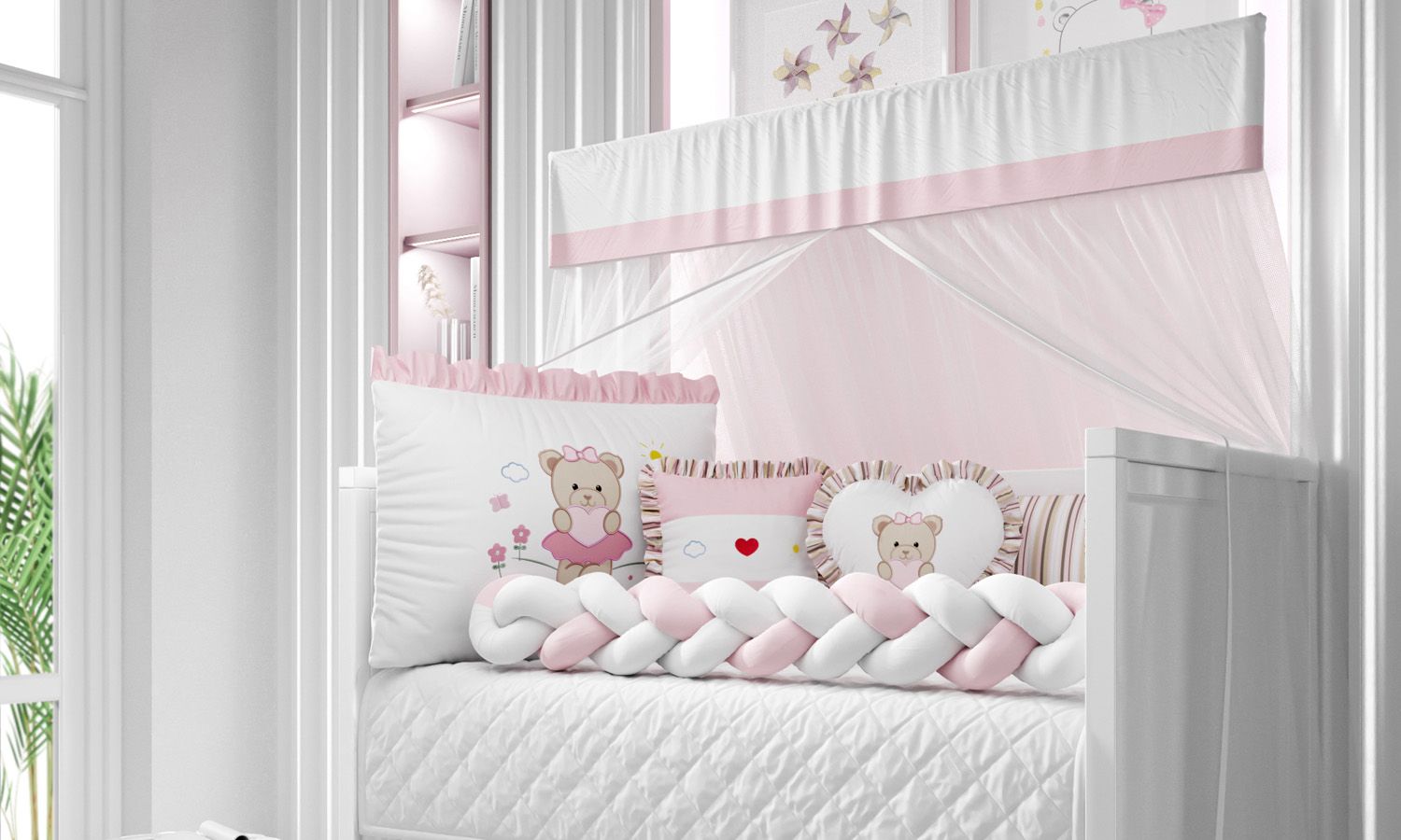 Kit Berço Trança Menina Ursinha Coração Rosa