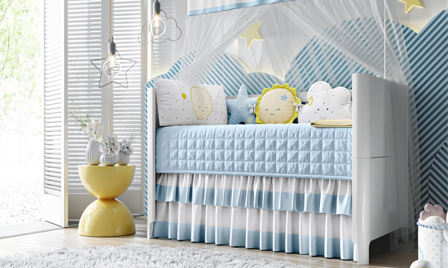 Kit Berço Amiguinhos Céu Amarelo e Cinza