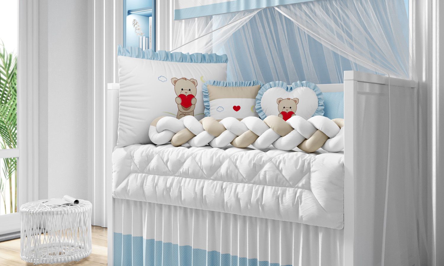 Kit Berço Trança Ursinho Coração Azul