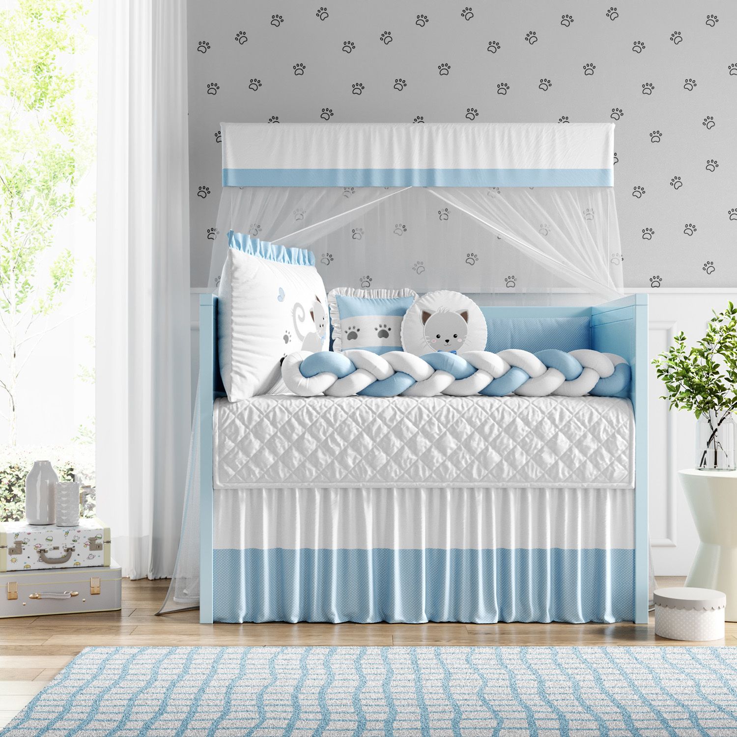 Kit Berço Trança Gatinho Azul