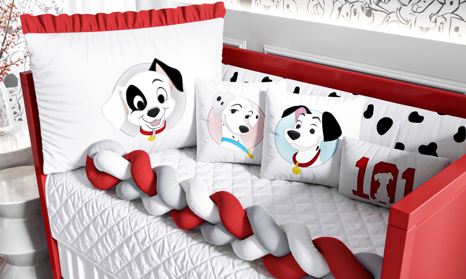 Kit Berço Trança 101 Dálmatas Vermelho e Cinza