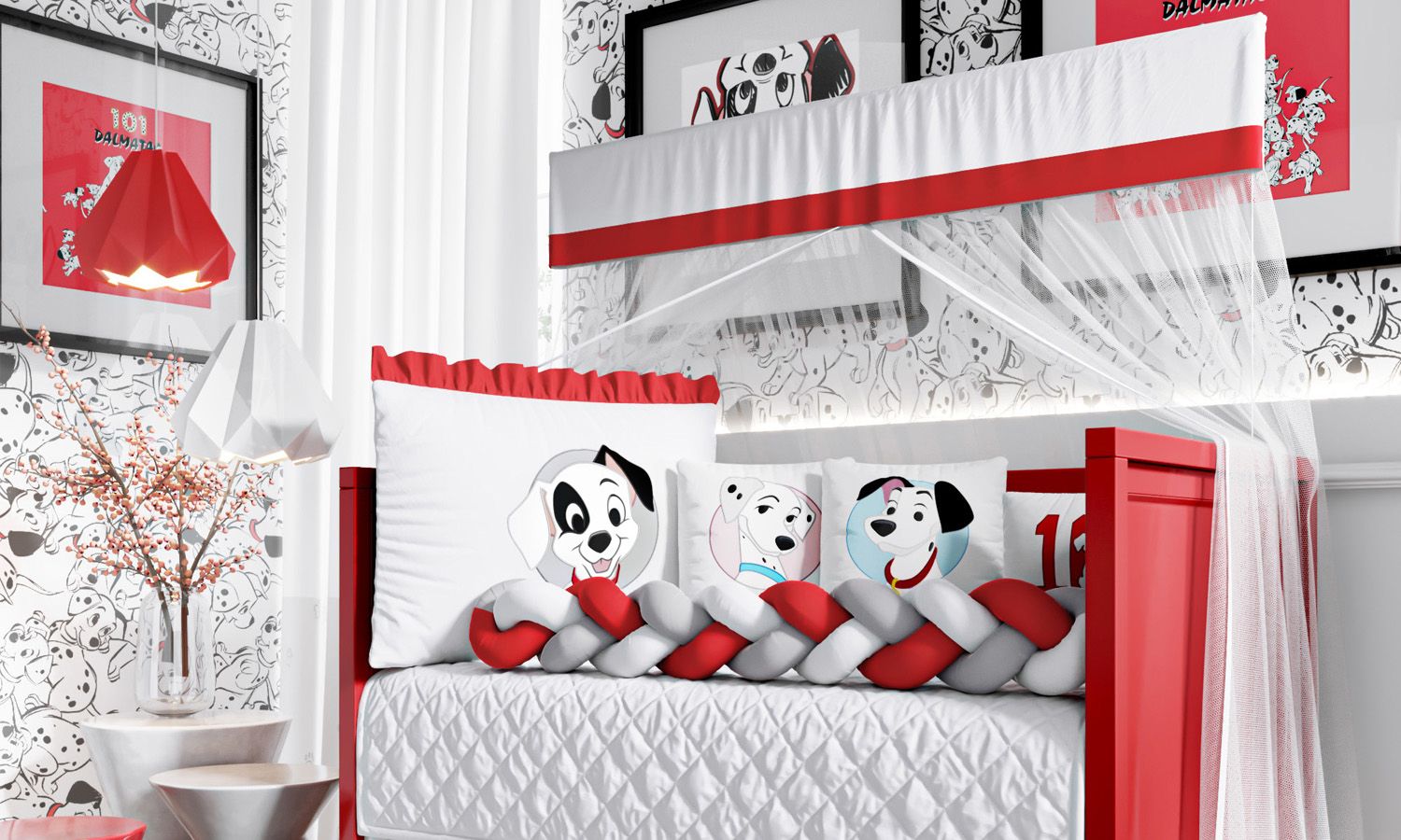 Kit Berço Trança 101 Dálmatas Vermelho e Cinza