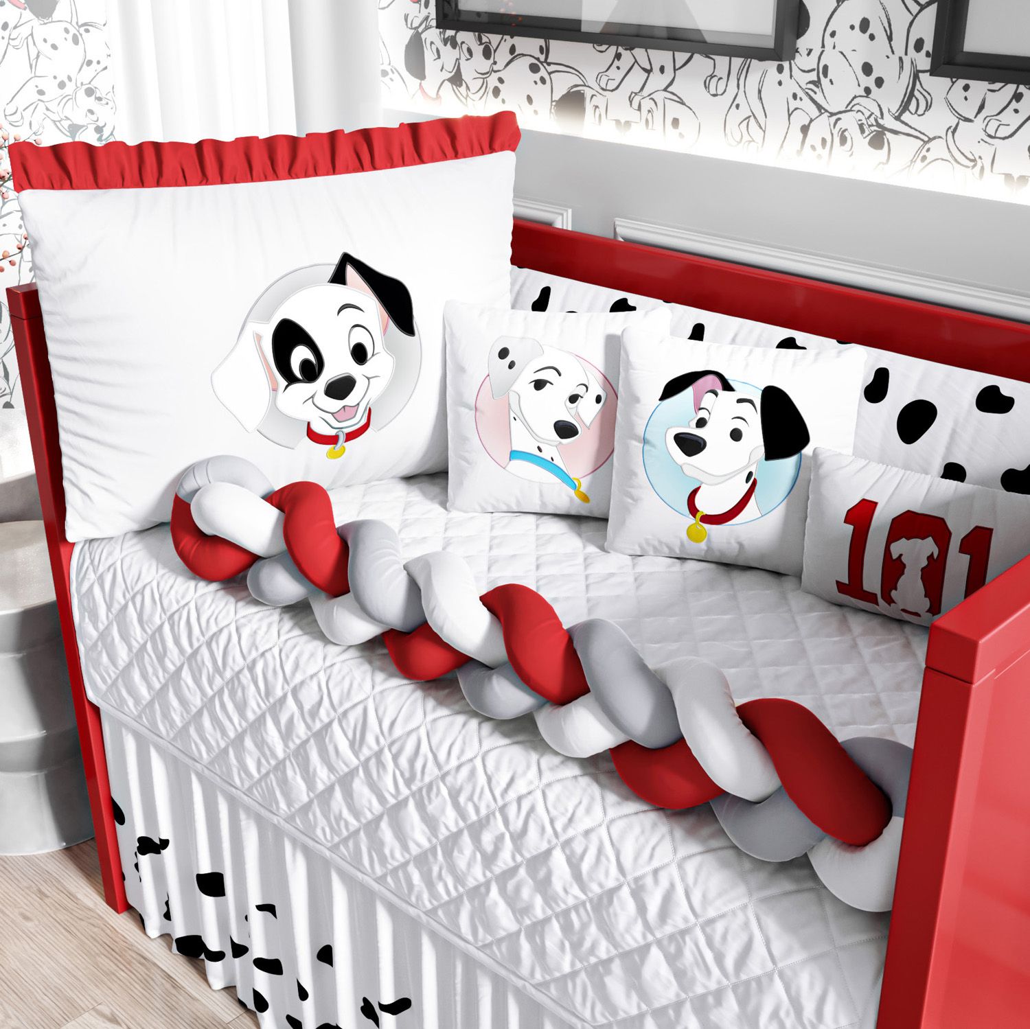 Kit Berço Trança 101 Dálmatas Vermelho e Cinza