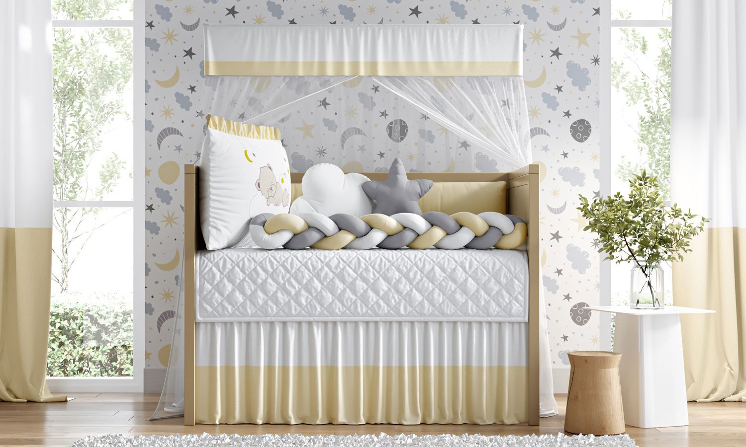 Kit Berço Trança Urso Sonequinha Amarelo e Cinza