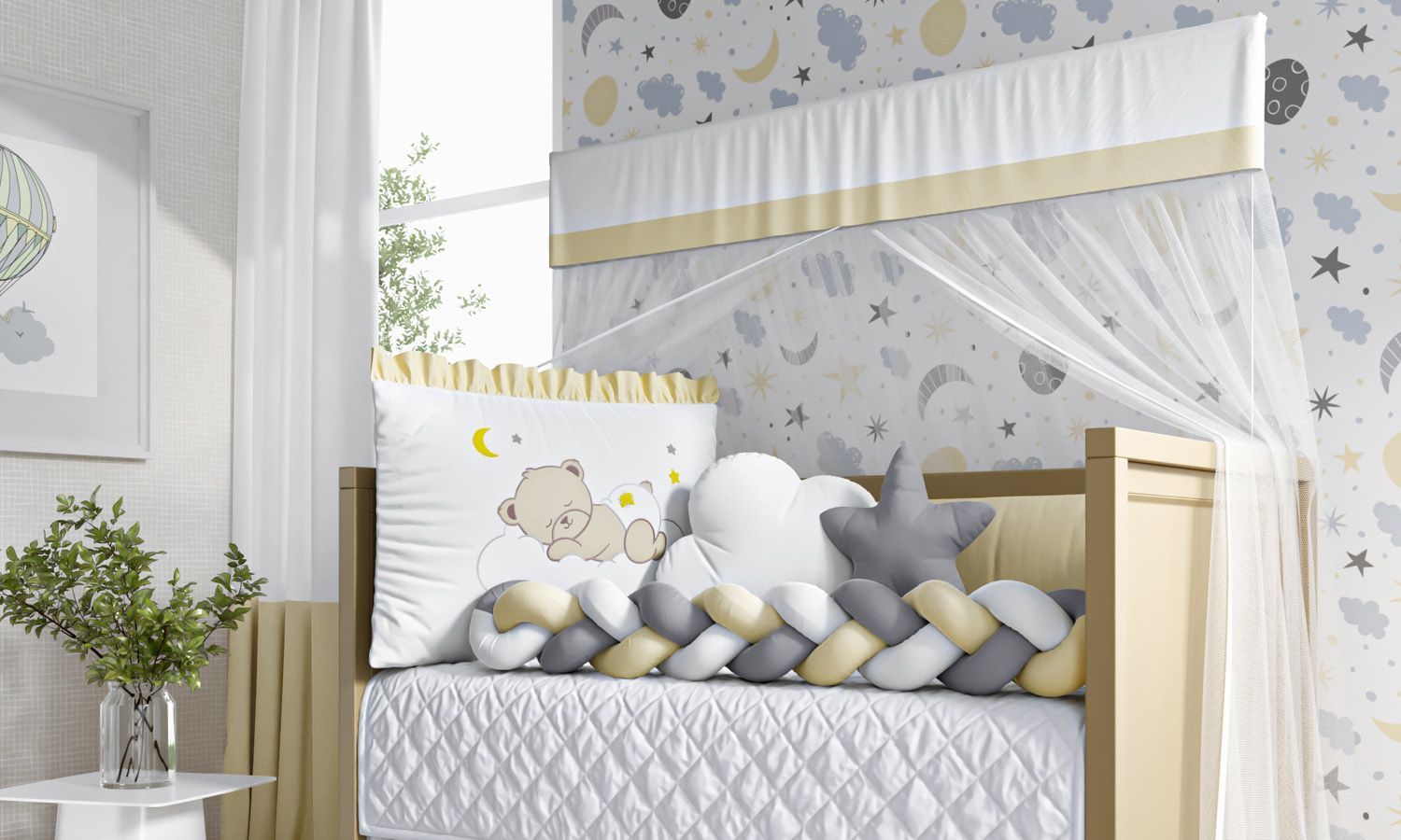 Kit Berço Trança Urso Sonequinha Amarelo e Cinza