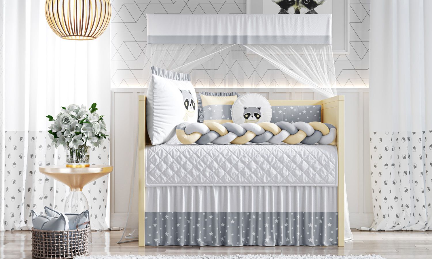 Kit Berço Trança Guaxinim Amarelo e Cinza