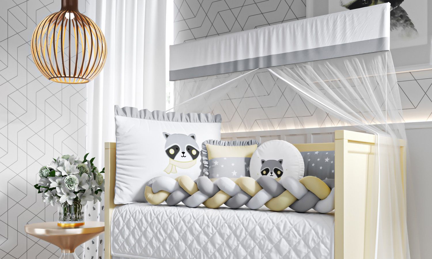 Kit Berço Trança Guaxinim Amarelo e Cinza