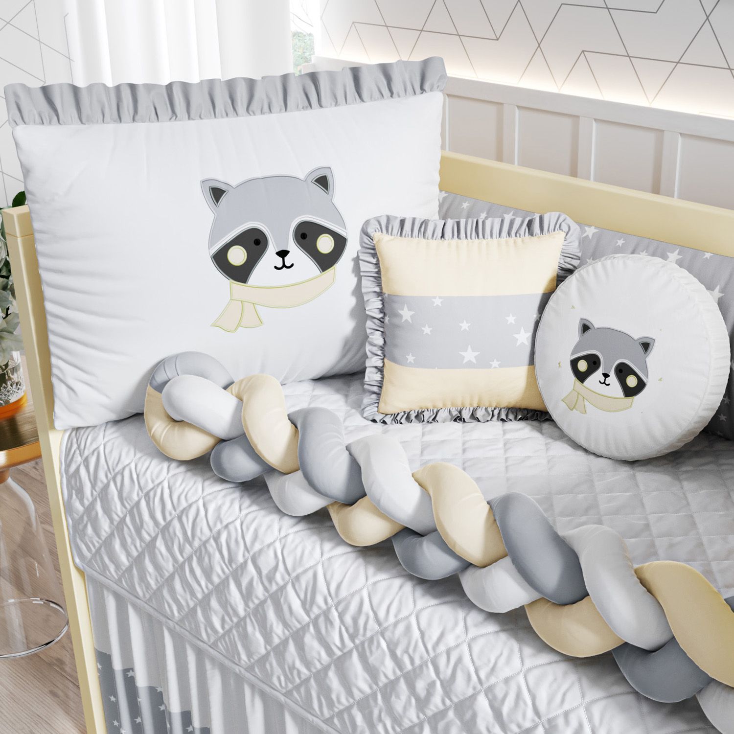 Kit Berço Trança Guaxinim Amarelo e Cinza