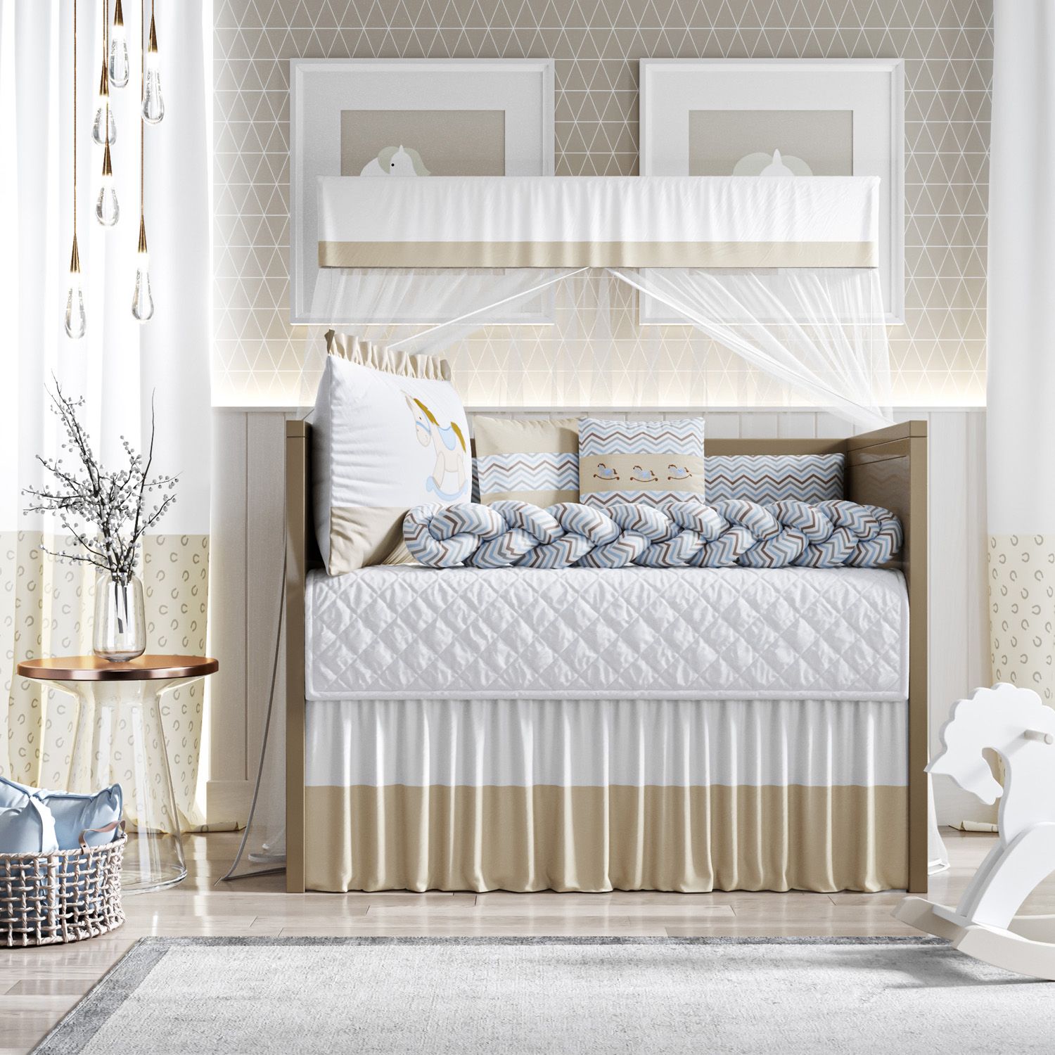 Kit Berço Trança Cavalinho Chevron Bege