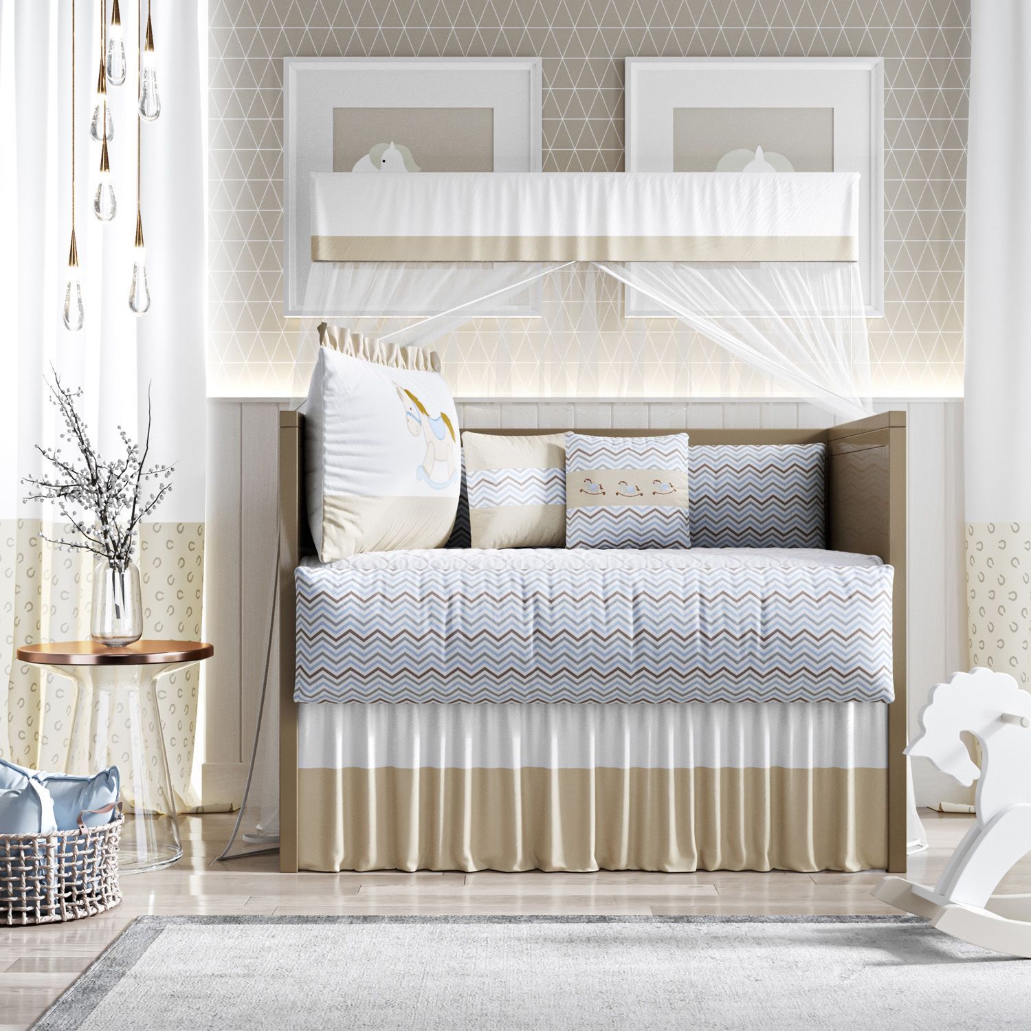 Kit Berço Cavalinho Chevron Bege