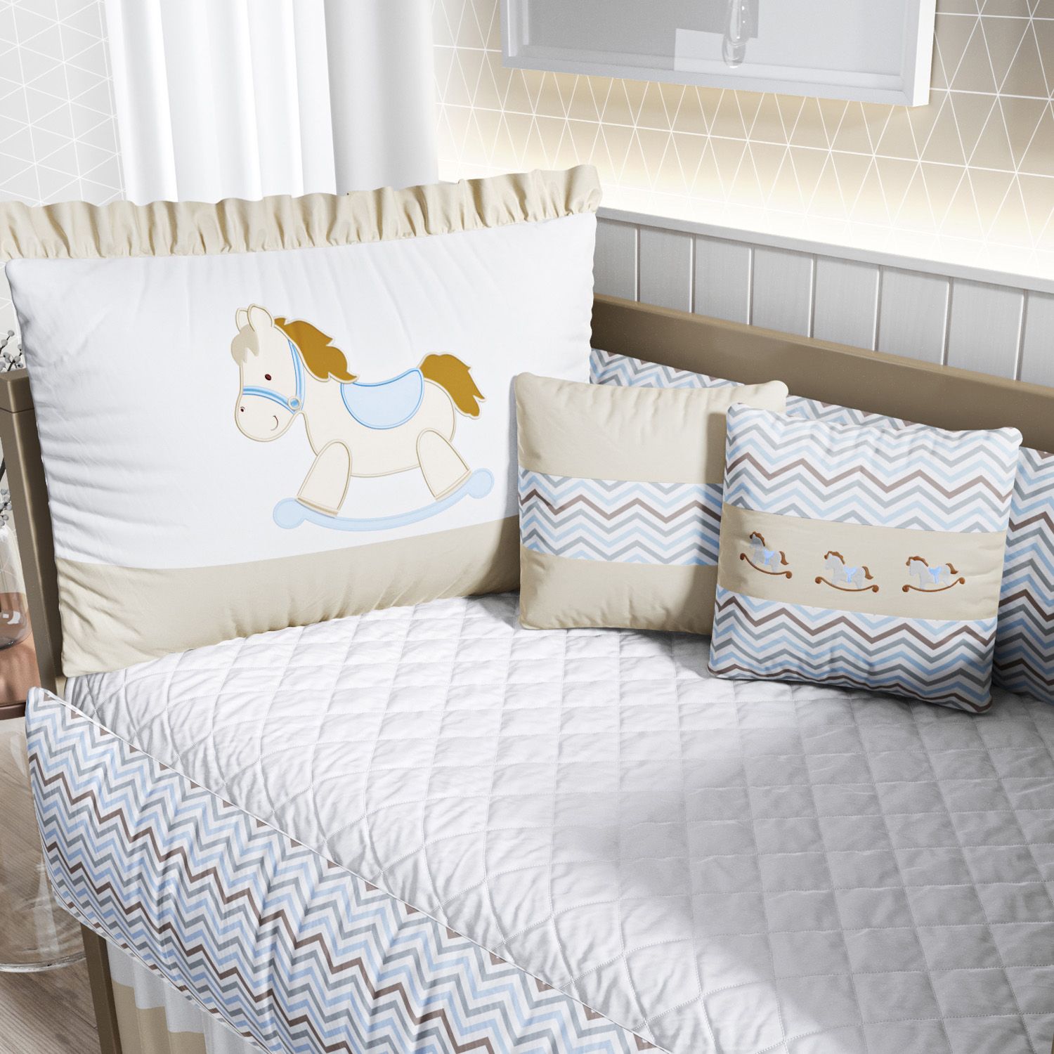 Kit Berço Cavalinho Chevron Bege