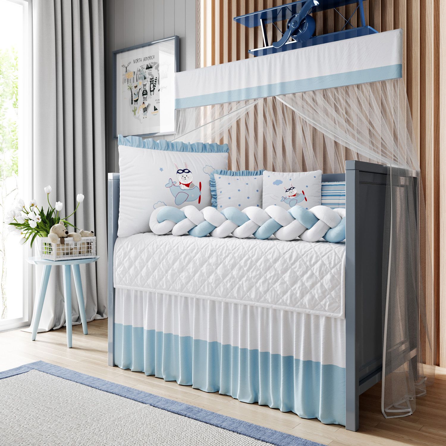 Kit Berço Trança Coelhinho Aviador Azul