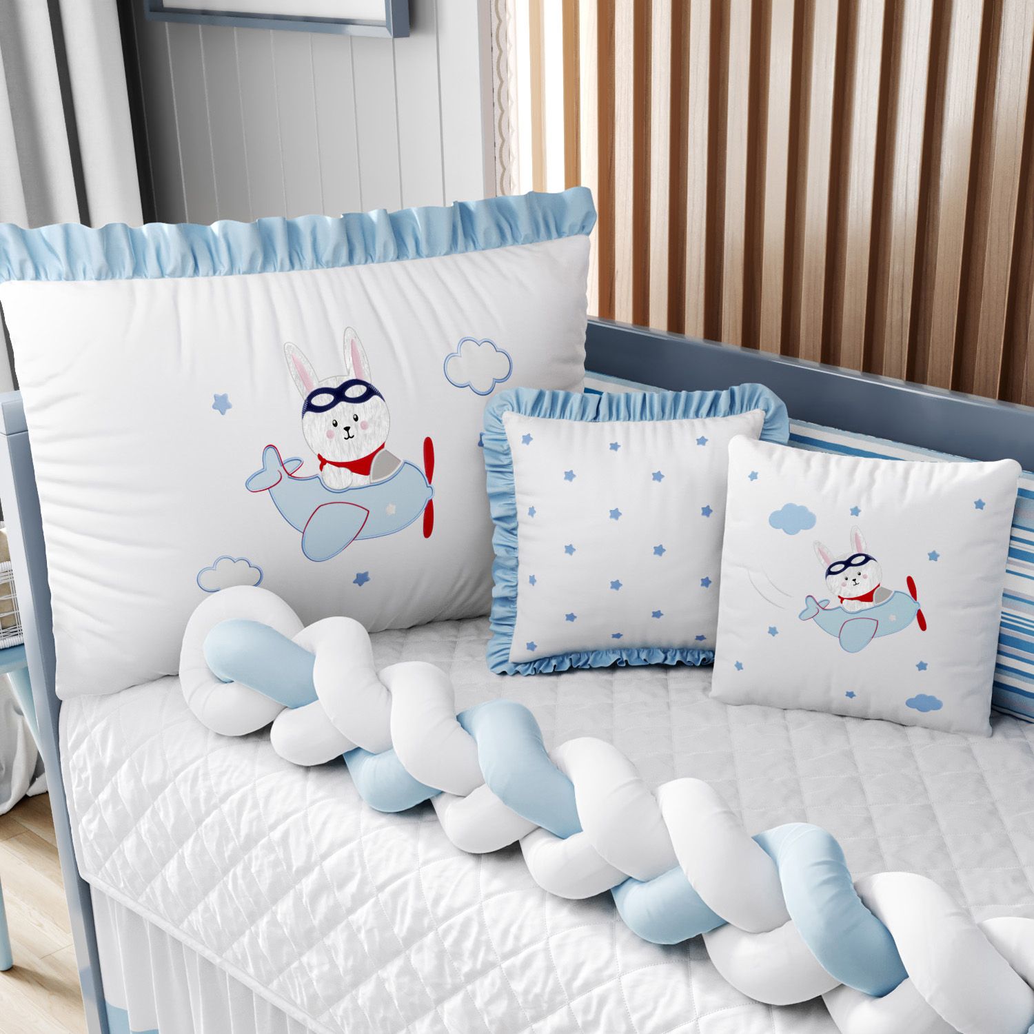 Kit Berço Trança Coelhinho Aviador Azul