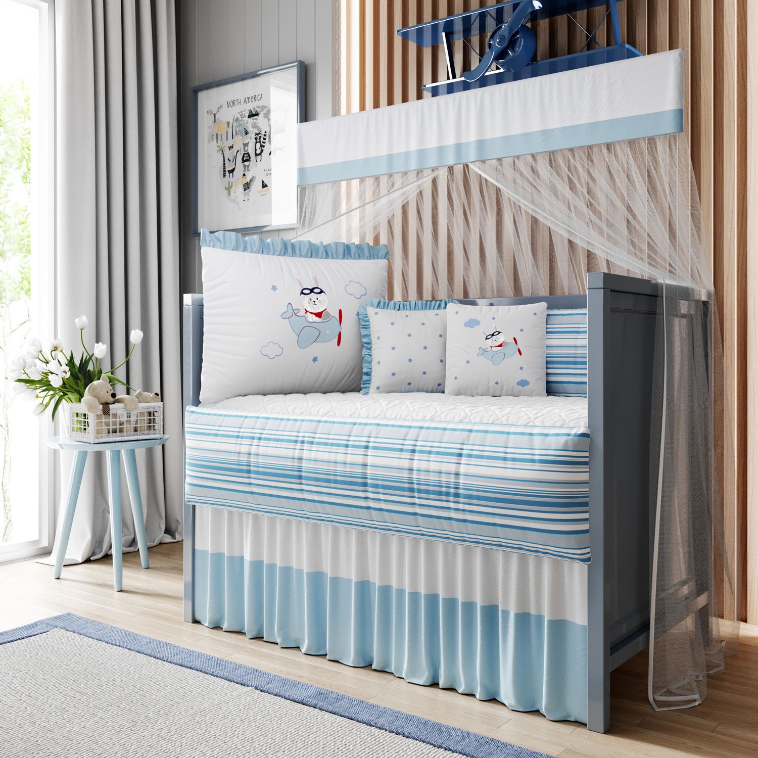 Kit Berço Coelhinho Aviador Azul