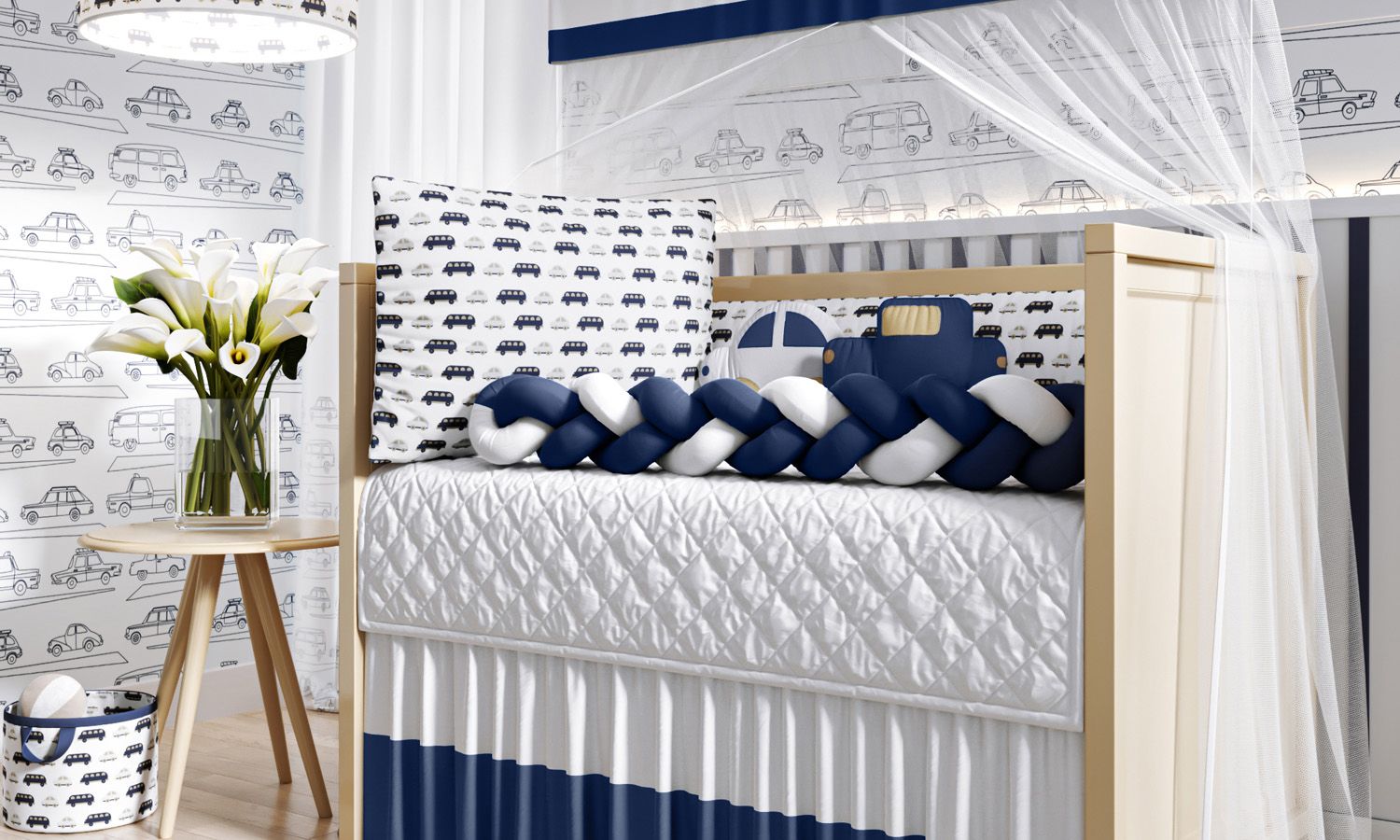 Kit Berço Trança Carrinhos Azul