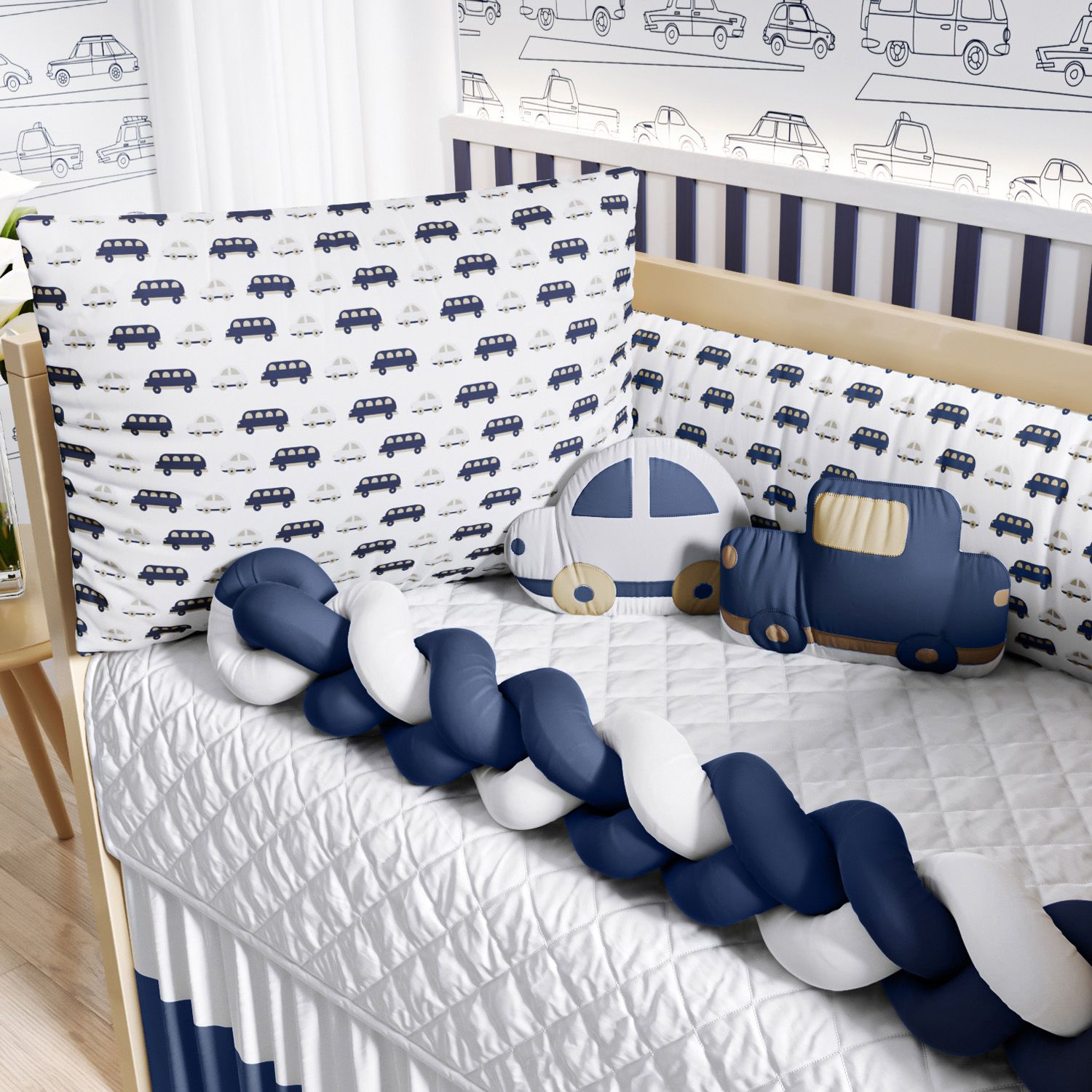 Kit Berço Trança Carrinhos Azul