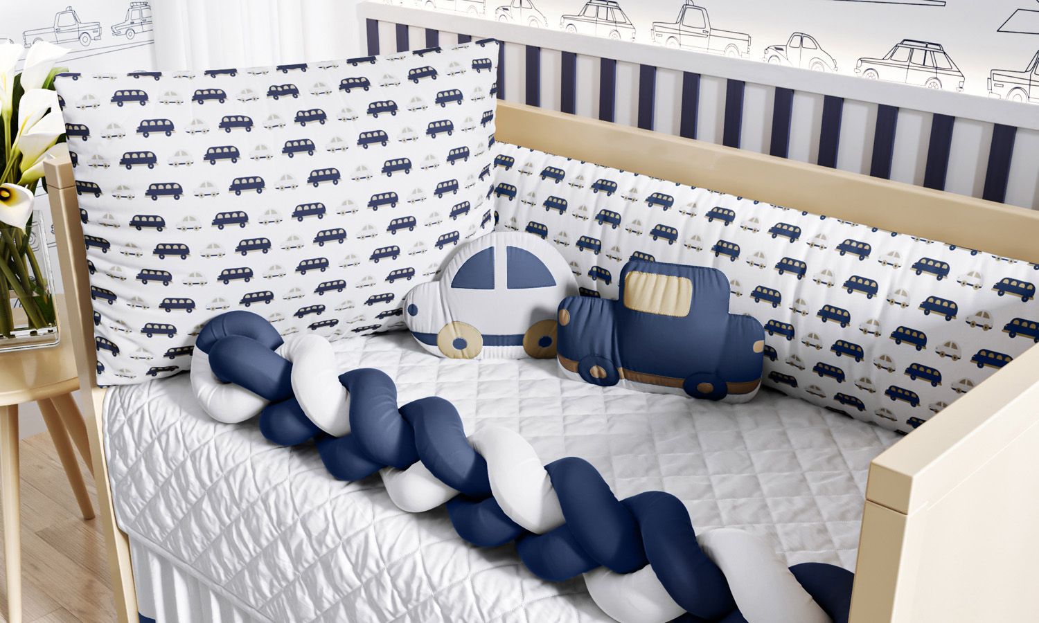 Kit Berço Trança Carrinhos Azul