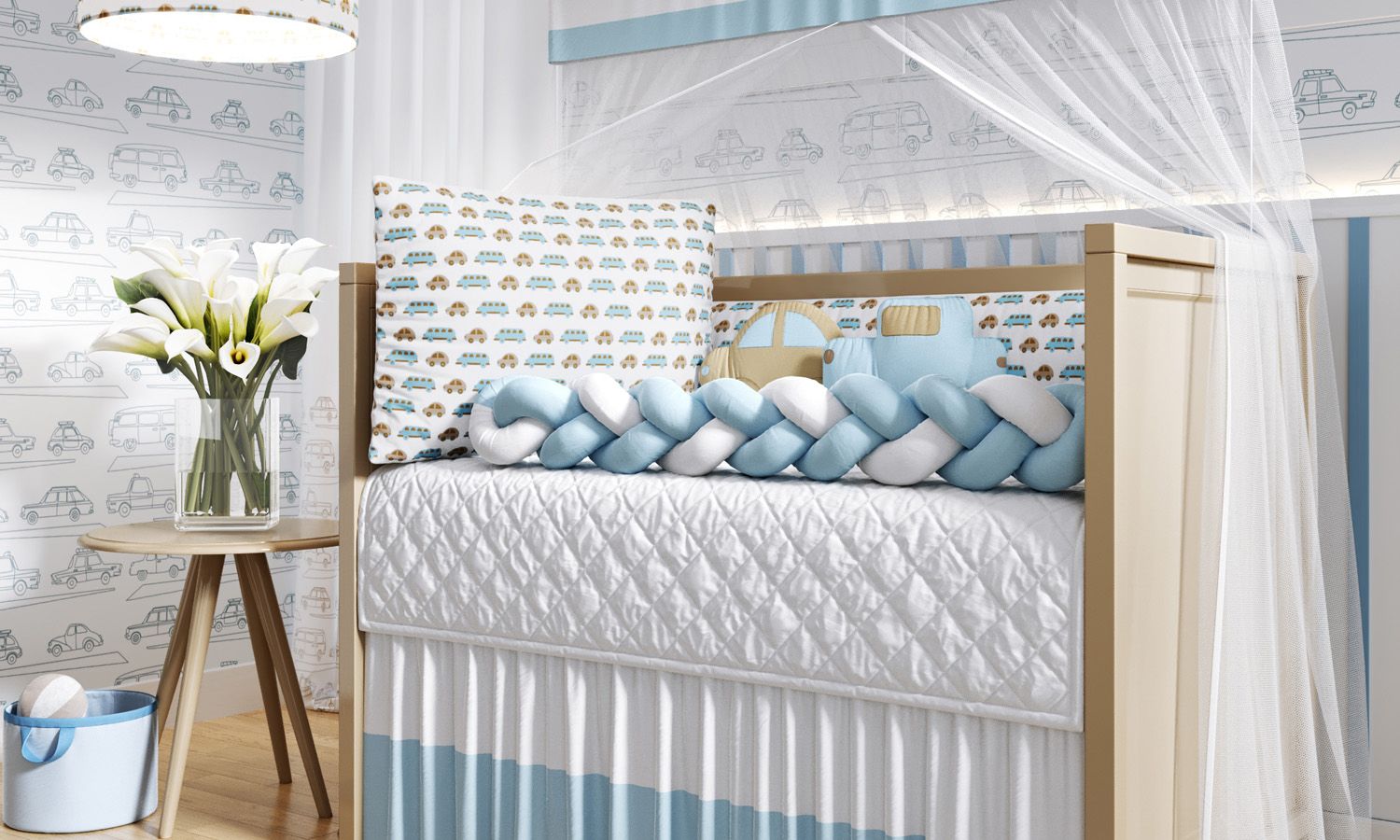 Kit Berço Trança Carrinhos Azul