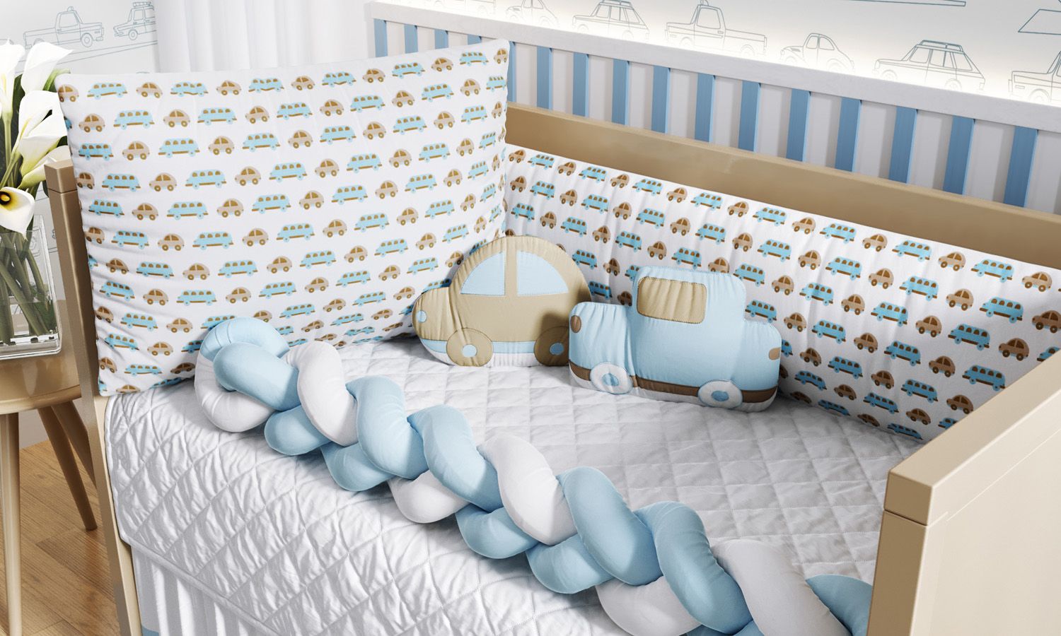 Kit Berço Trança Carrinhos Azul