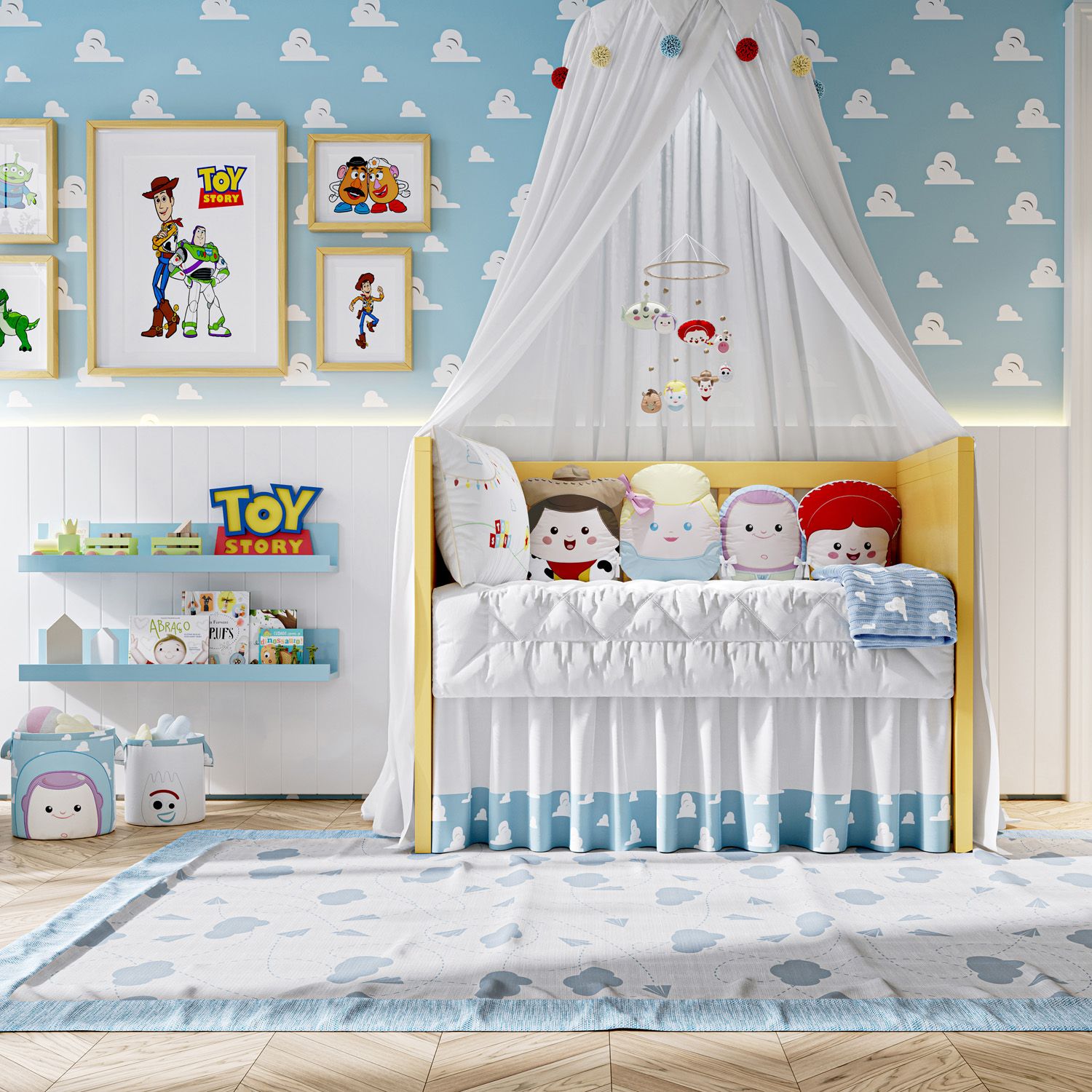 Kit Berço Amiguinhos Toy Story Garfinho, Woody, Buzz Lightyear e Jessie