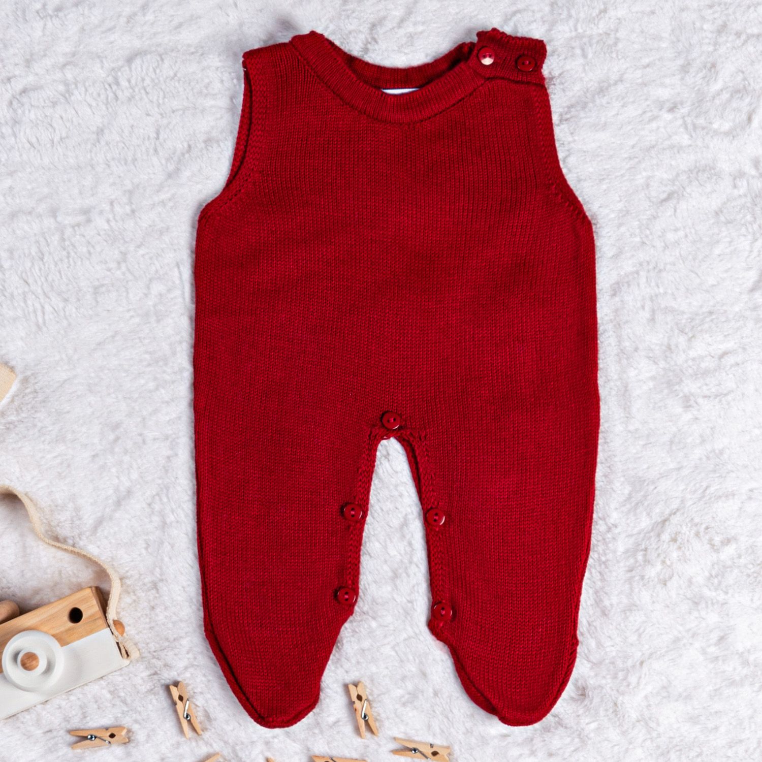 Saída Maternidade Tricot Listra Vermelho e Azul Marinho 03 Peças